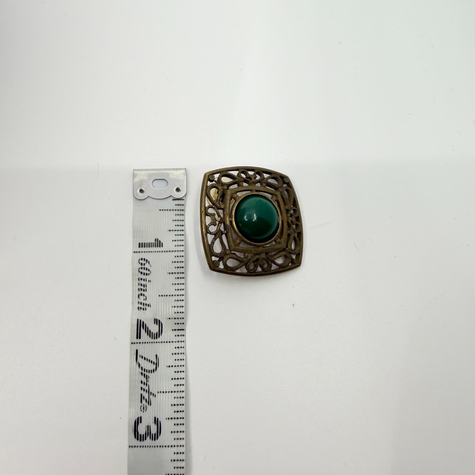 VTG Antique Bronze Tone Green Faux Jade Cabochon Square Filigree Clip On Earring - Thumbnail 7