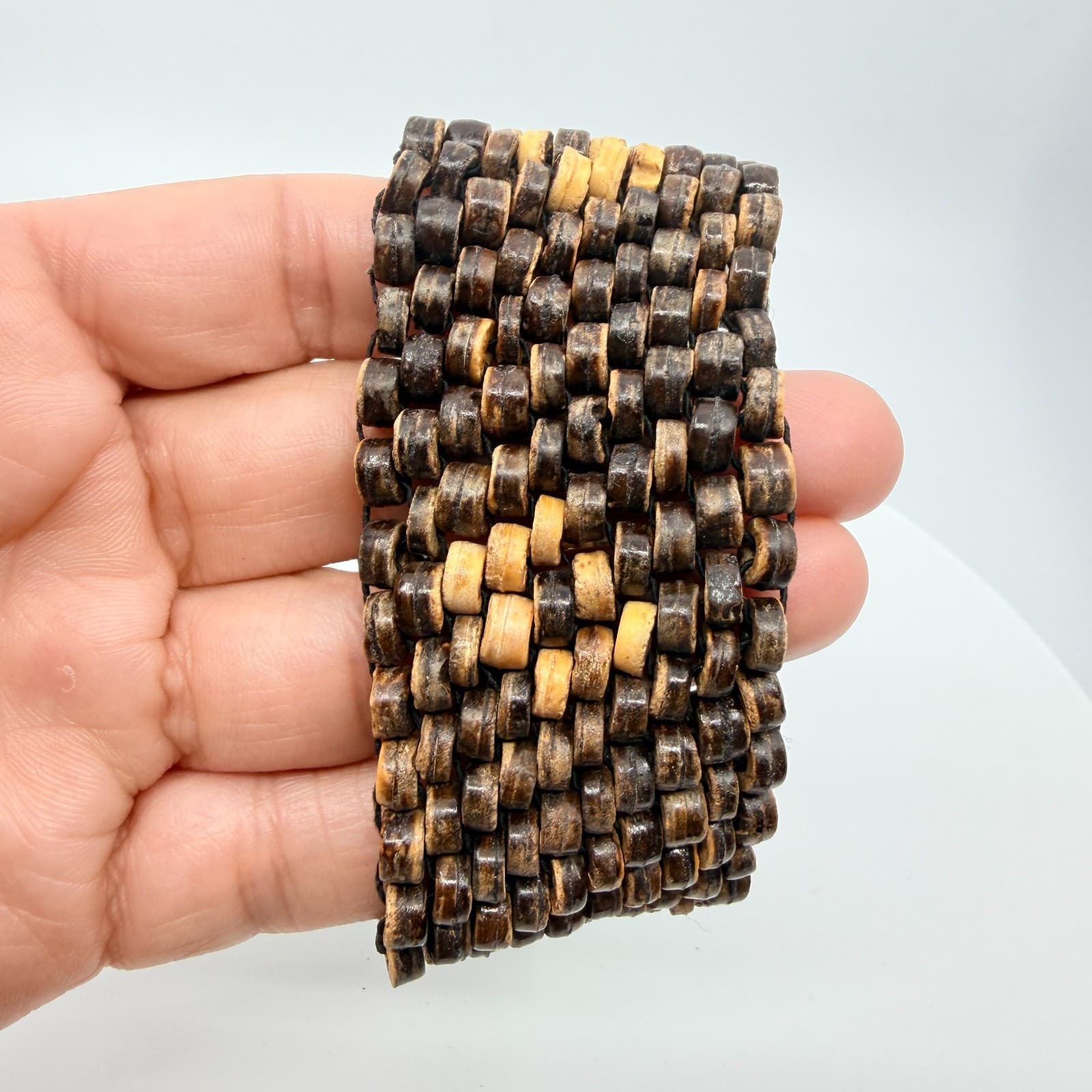 Vintage Boho Wide Coconut Shell Beaded Multi Row Stretch Cuff Bracelet Classic - Thumbnail 8