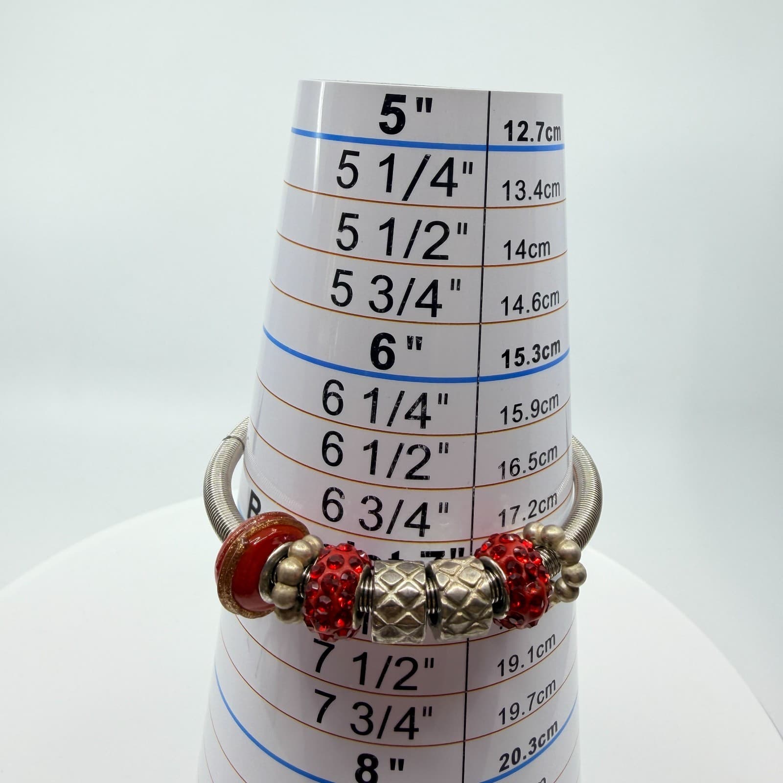 VTG Silver Tone Steel Red Glass European Charm Expandable Spring Coil Bracelet - Thumbnail 9
