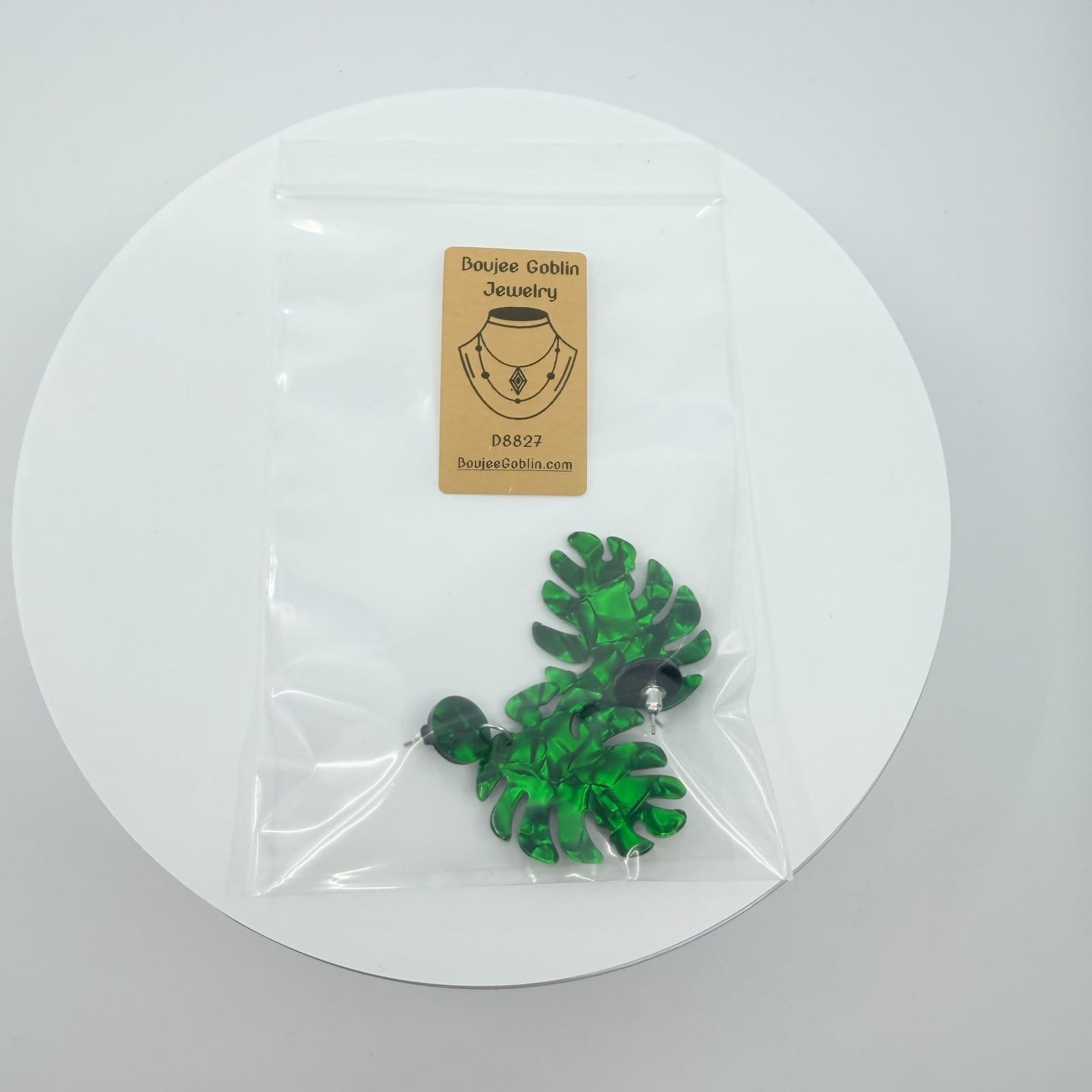 VTG Green Acrylic Monstera Leaf Drop Earrings Retro Tropical Statement Dangle - Thumbnail 8