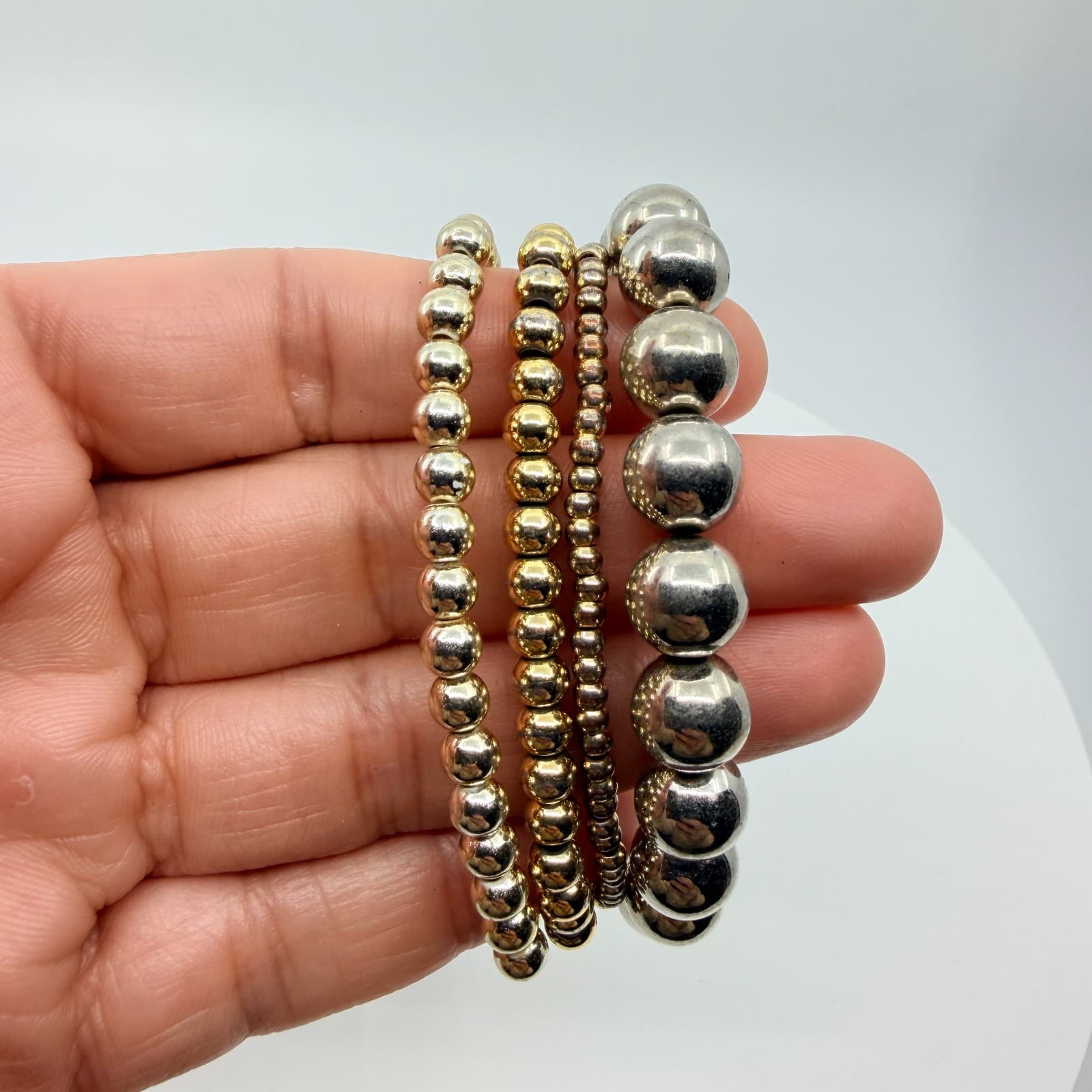 Vintage Y2K Silver & Gold Tone Ball Bead Stretch Stack Bracelets Set Boho Retro - Thumbnail 8