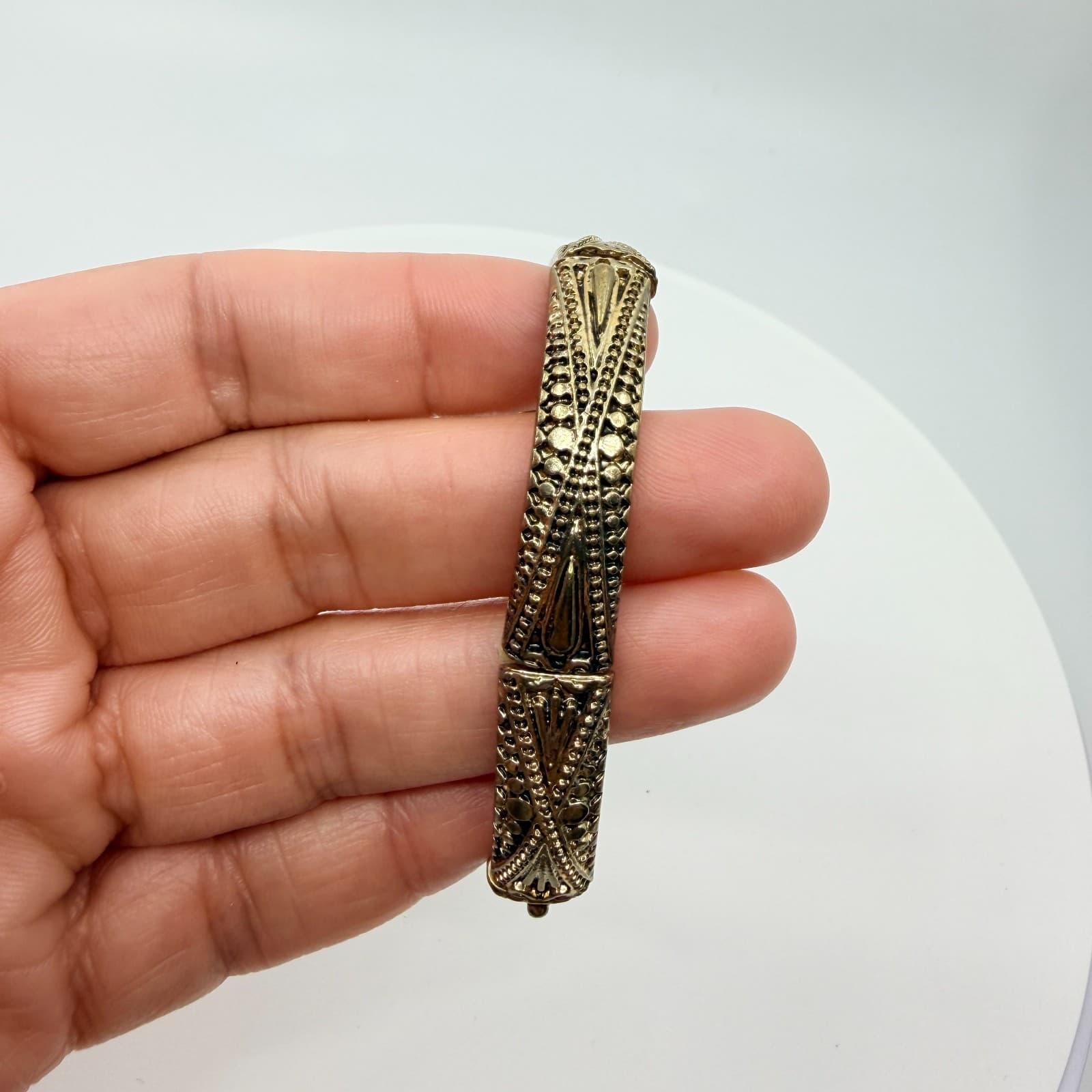 Vintage Antique Gold Tone Textured Segmented Stretch Bangle Cuff Bracelet Retro - Thumbnail 6