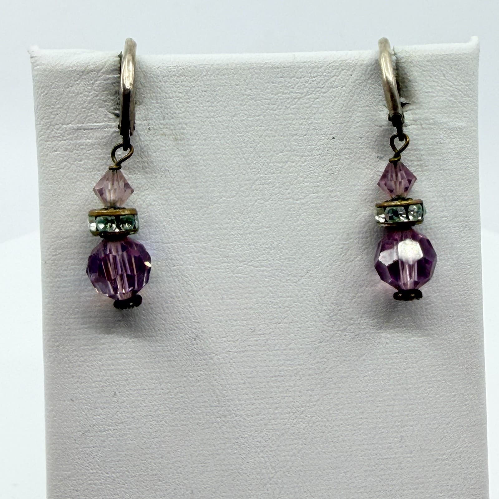 VTG Purple Crystal Dangle Earrings Antique Bronze Tone Rondelle Bead Drop Glam - Thumbnail 6