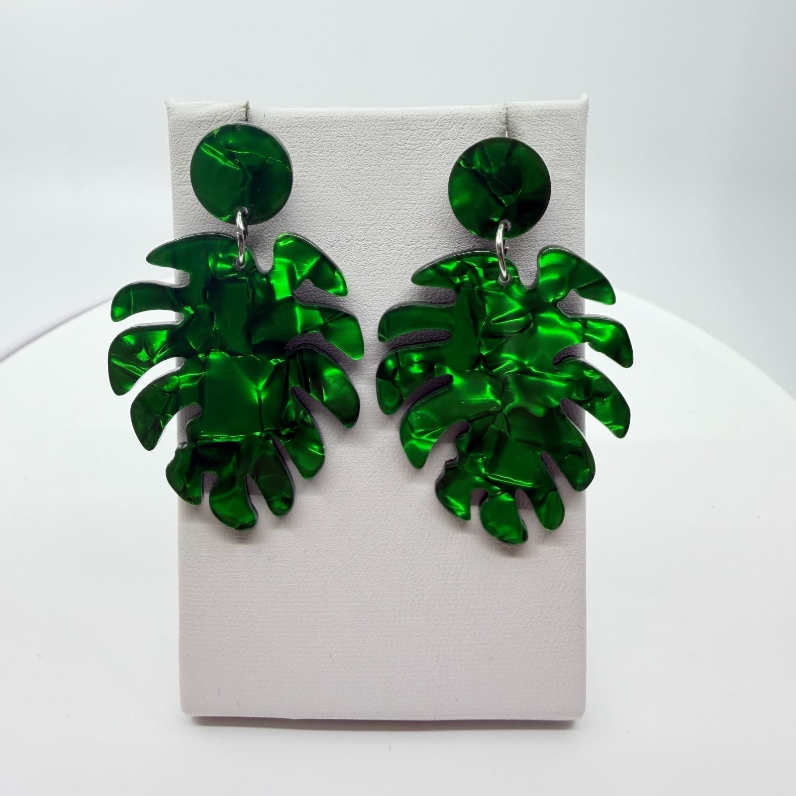 VTG Green Acrylic Monstera Leaf Drop Earrings Retro Tropical Statement Dangle - Thumbnail 6