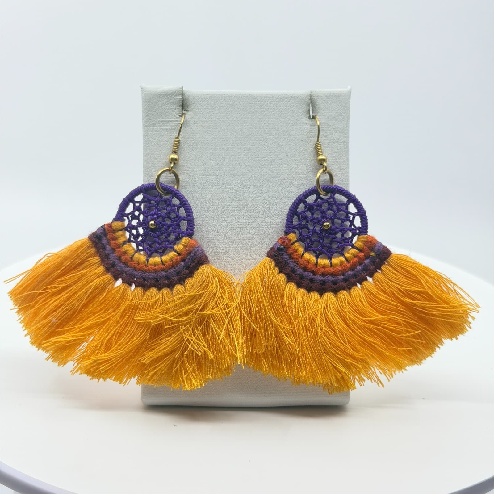 VTG Boho Yellow Purple Tassel Earrings Retro Dreamcatcher Chic Dangle Earrings - Thumbnail 5