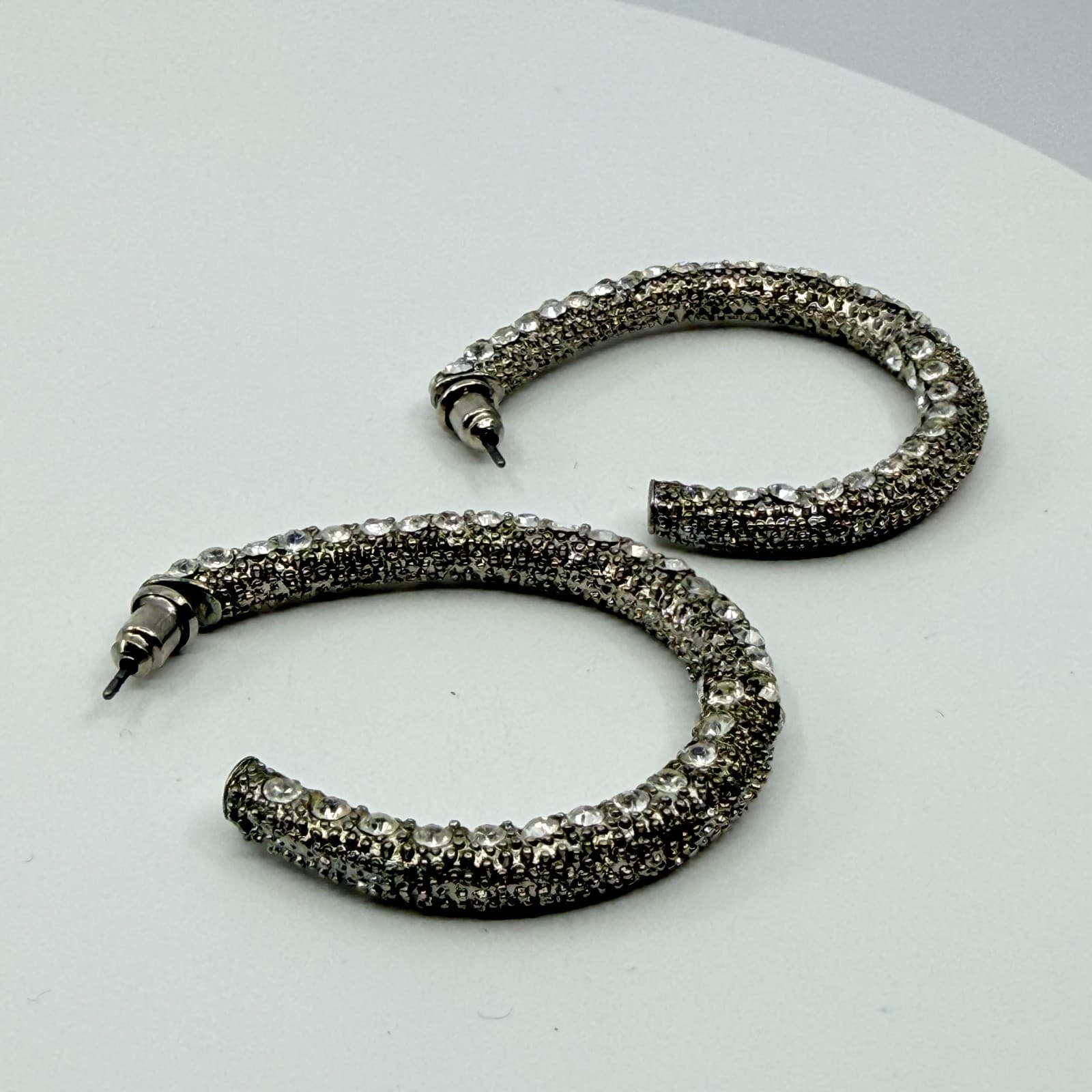 VTG Silver Tone Pave Rhinestone Hoop Earrings Thick Chunky Glitter Iced Out Glam - Thumbnail 3