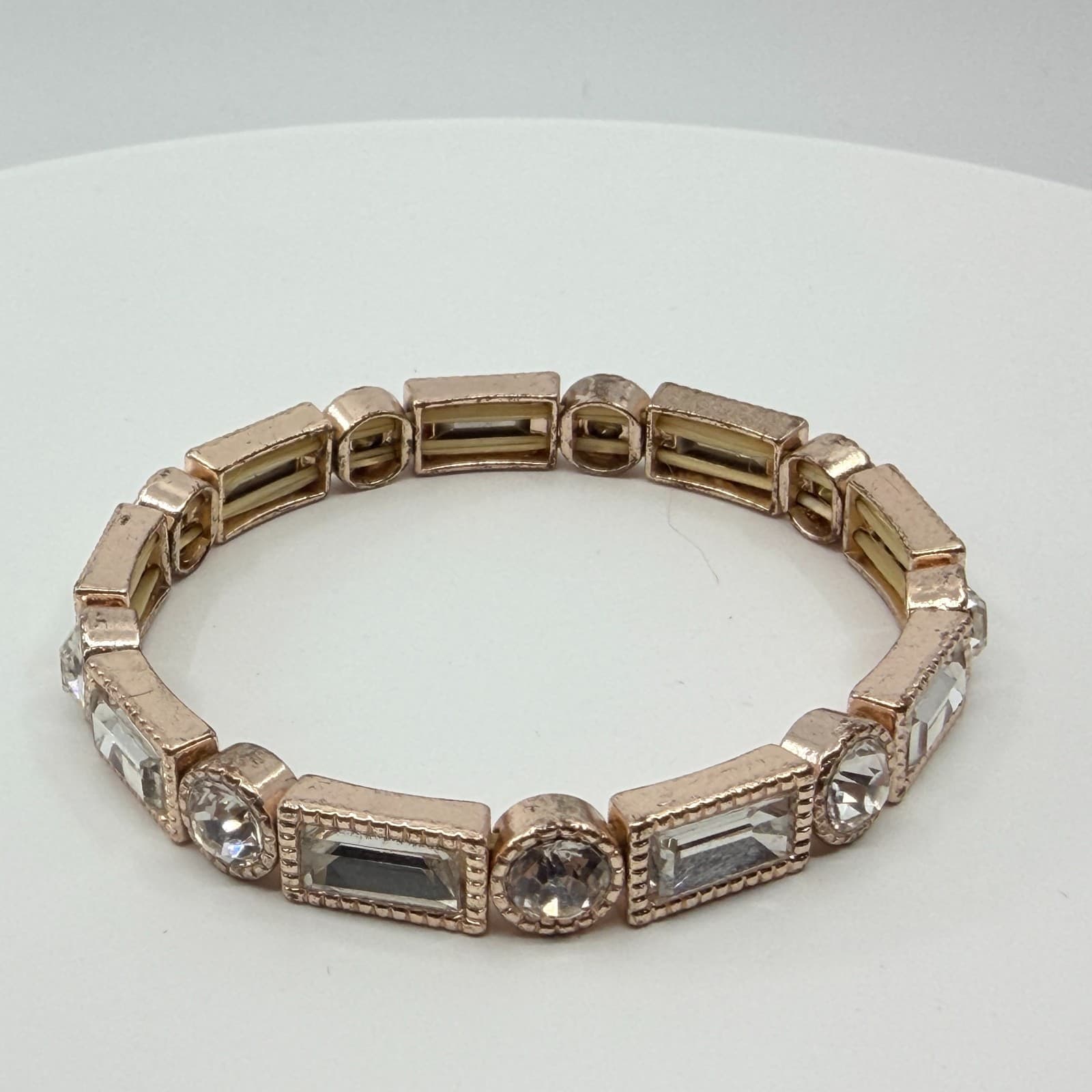 Vintage Rose Gold Tone Clear Crystal Stretch Bracelet Art Deco Geometric Chunky - Thumbnail 6