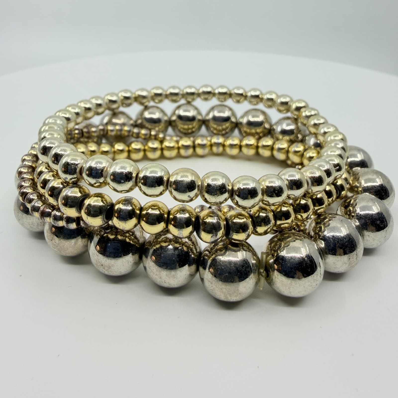 Vintage Y2K Silver & Gold Tone Ball Bead Stretch Stack Bracelets Set Boho Retro - Thumbnail 2