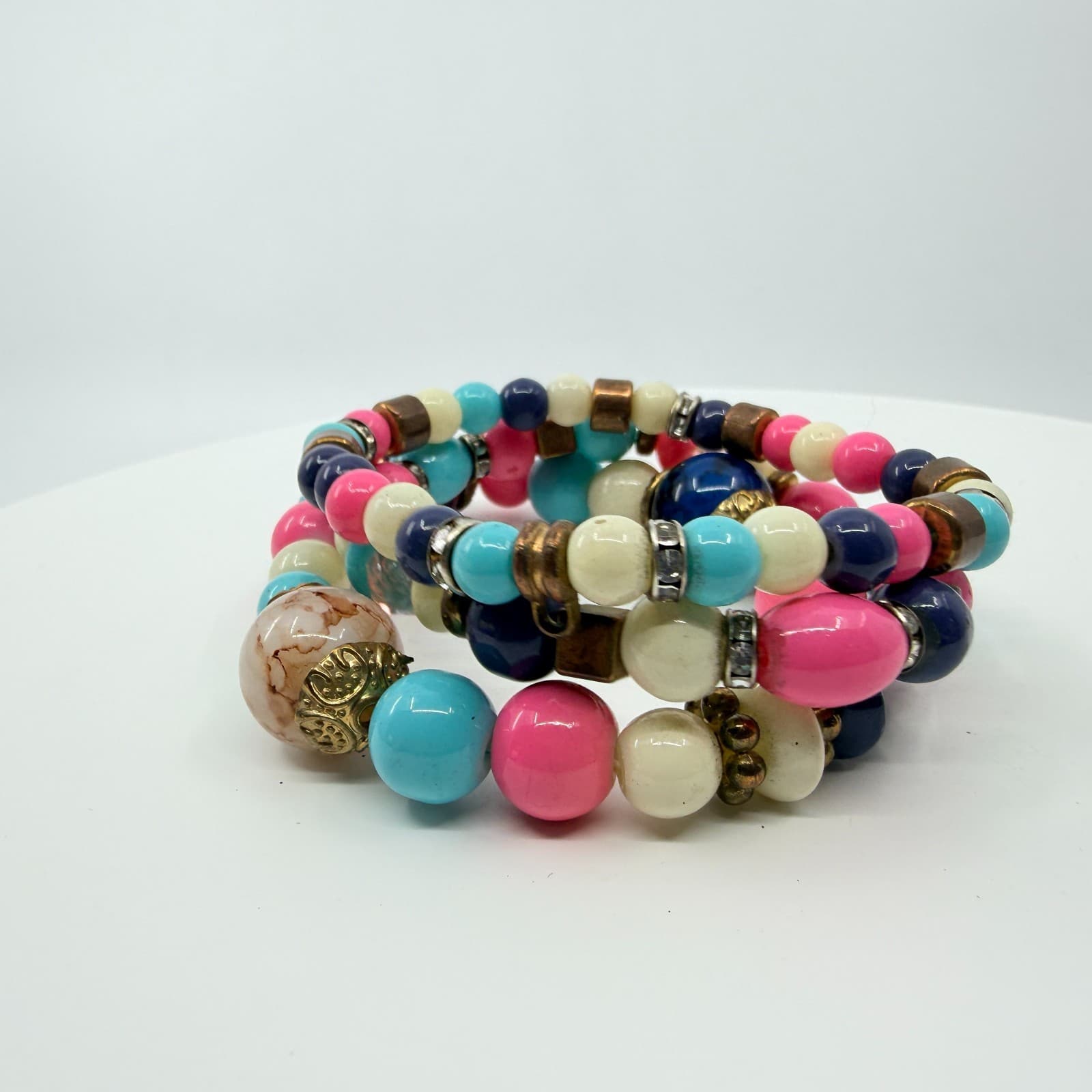 VTG Retro Bright Beaded Stack Bracelet Set Chunky Pink Blue Pop Art Stretch 3PC - Thumbnail 5