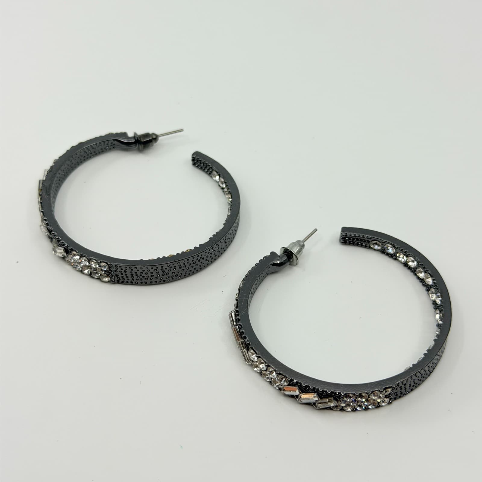 VTG Gunmetal Rhinestone Hoop Earrings Thick Baguette Crystal Inside Out Glitz - Thumbnail 2