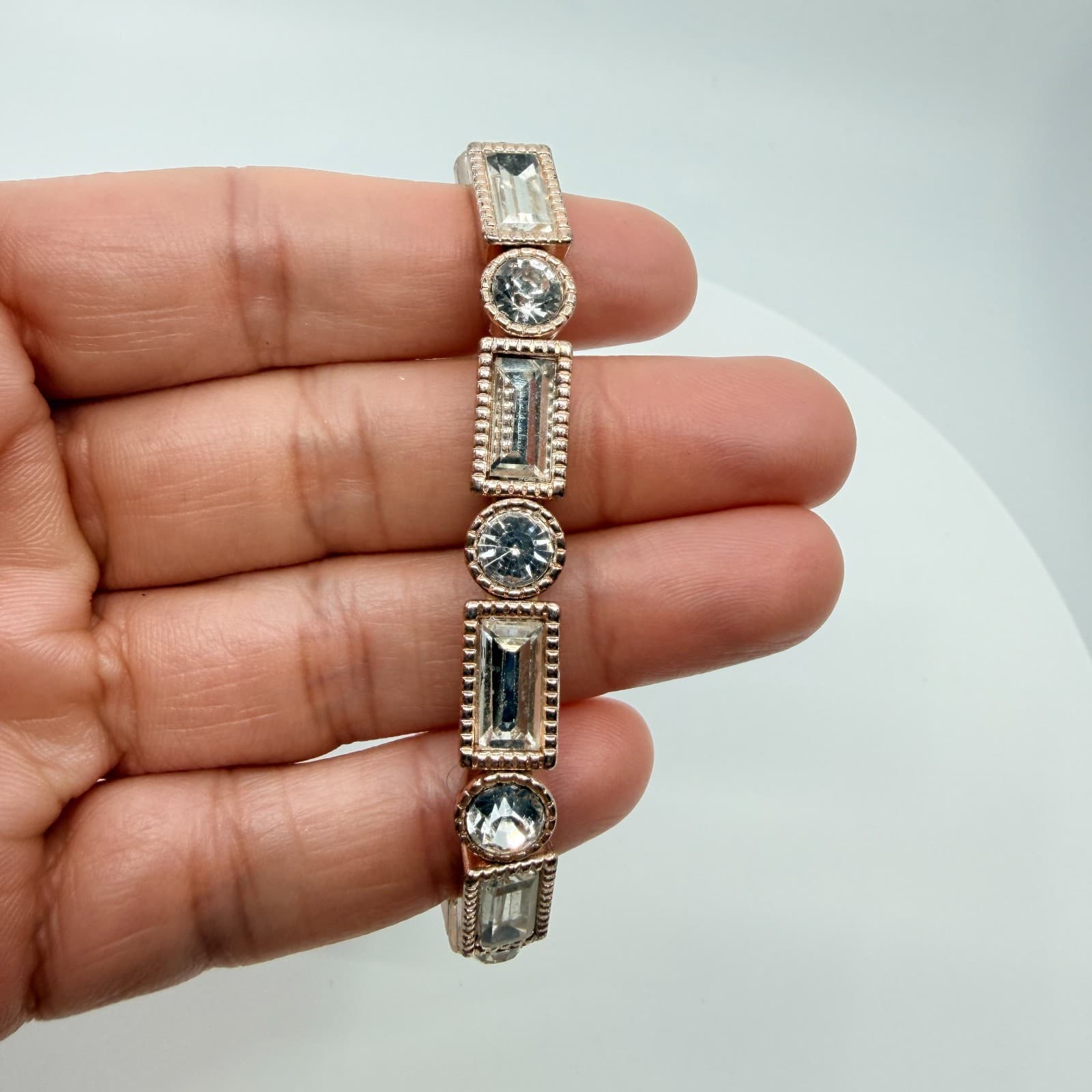 Vintage Rose Gold Tone Clear Crystal Stretch Bracelet Art Deco Geometric Chunky - Thumbnail 9