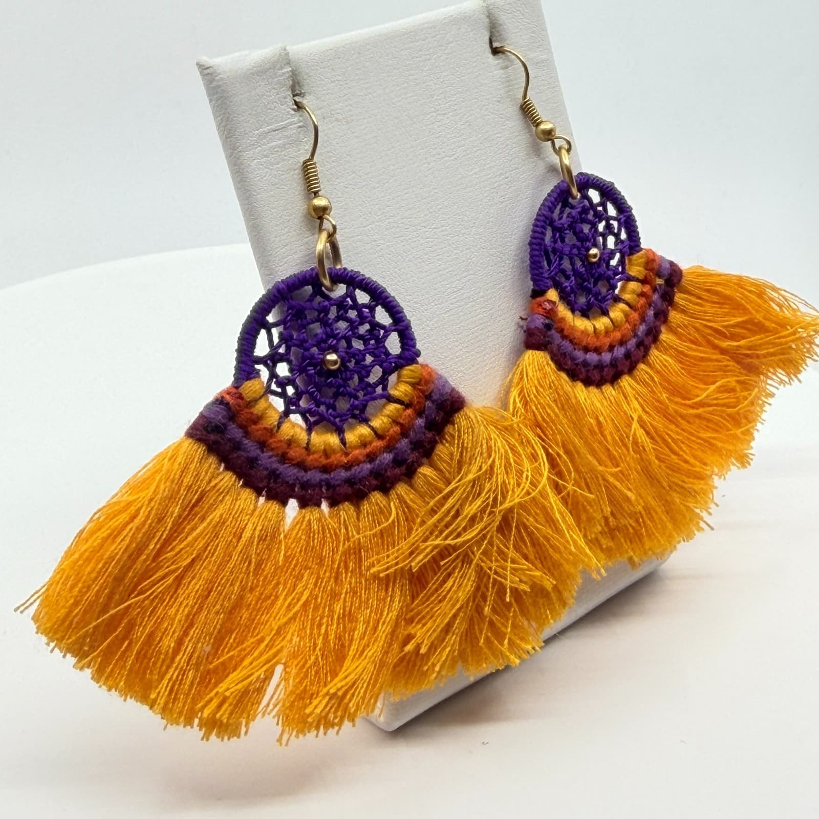 VTG Boho Yellow Purple Tassel Earrings Retro Dreamcatcher Chic Dangle Earrings - Thumbnail 7
