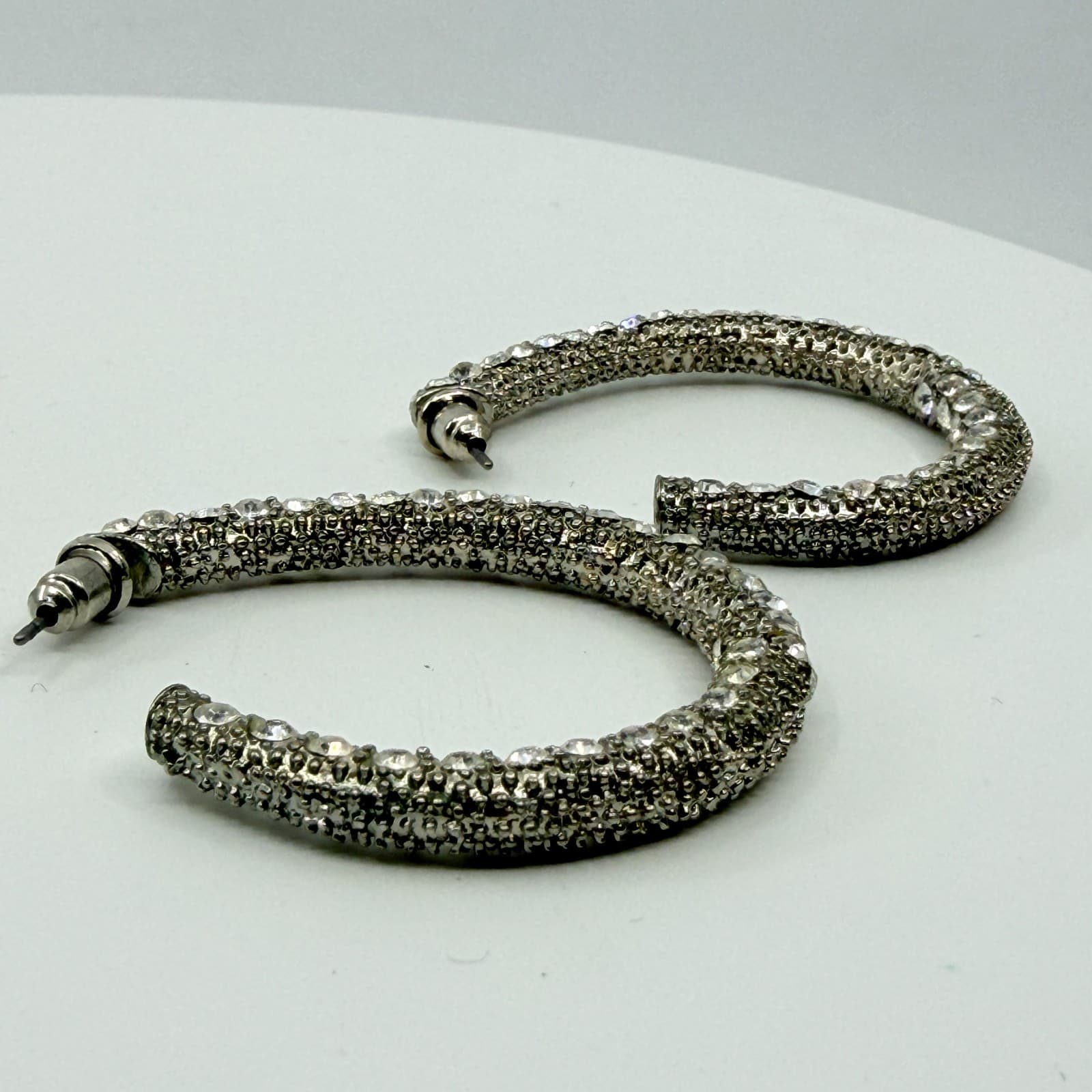 VTG Silver Tone Pave Rhinestone Hoop Earrings Thick Chunky Glitter Iced Out Glam - Thumbnail 2