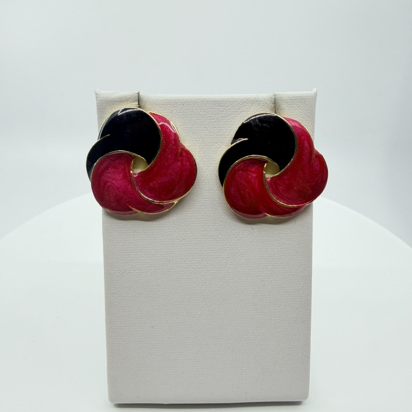 Vintage 80s Retro Gold Tone Pink Black Enamel Swirl Statement Post Stud Earrings - Thumbnail 5