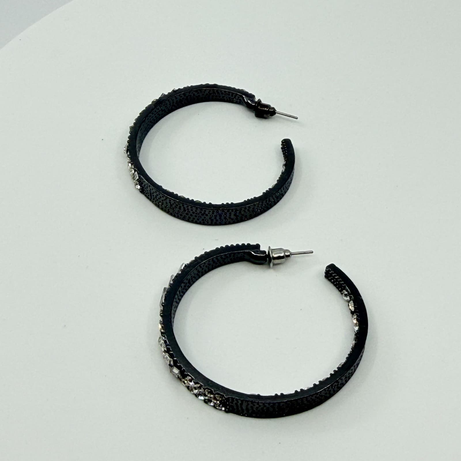 VTG Gunmetal Rhinestone Hoop Earrings Thick Baguette Crystal Inside Out Glitz - Thumbnail 4