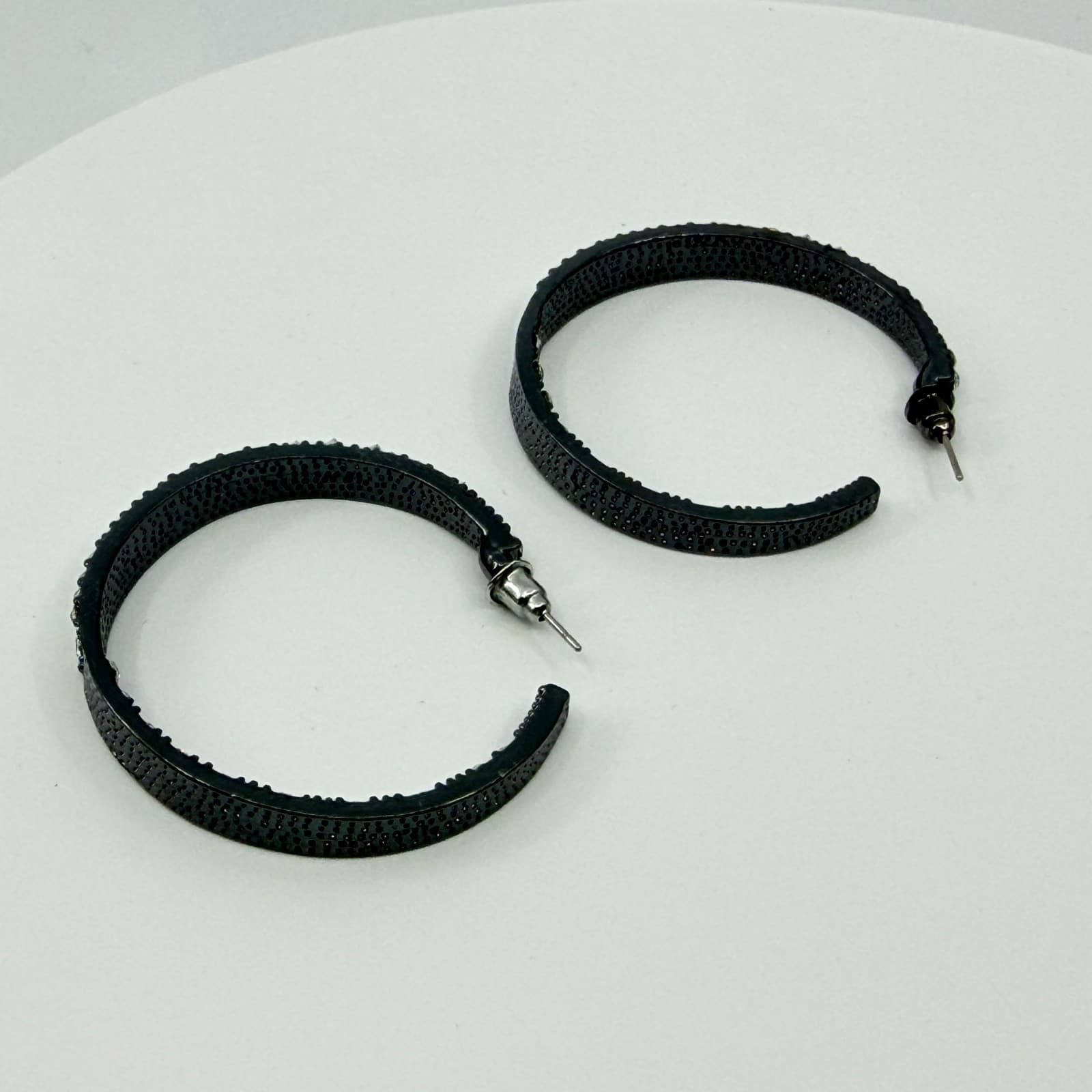 VTG Gunmetal Rhinestone Hoop Earrings Thick Baguette Crystal Inside Out Glitz - Thumbnail 5