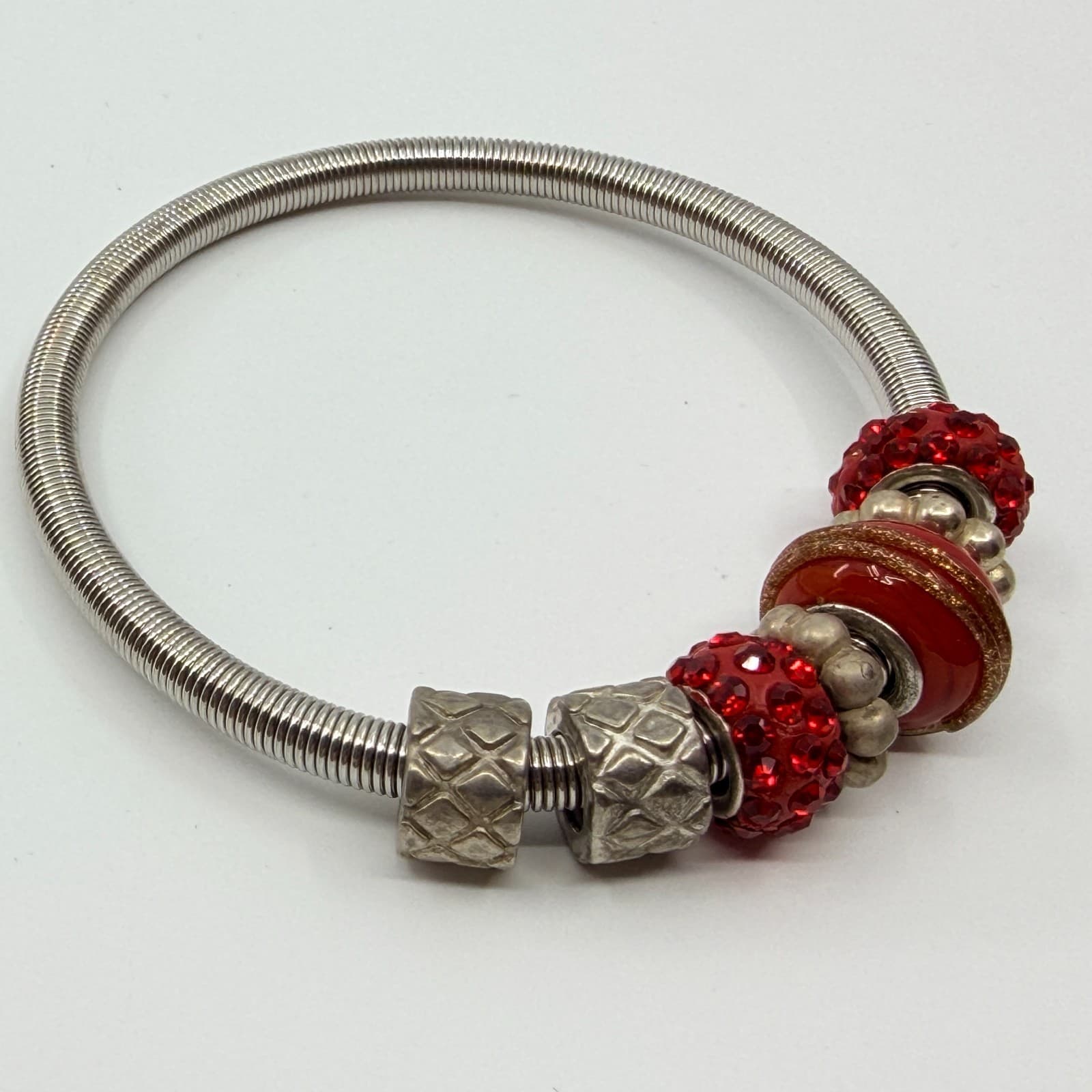 VTG Silver Tone Steel Red Glass European Charm Expandable Spring Coil Bracelet - Thumbnail 7