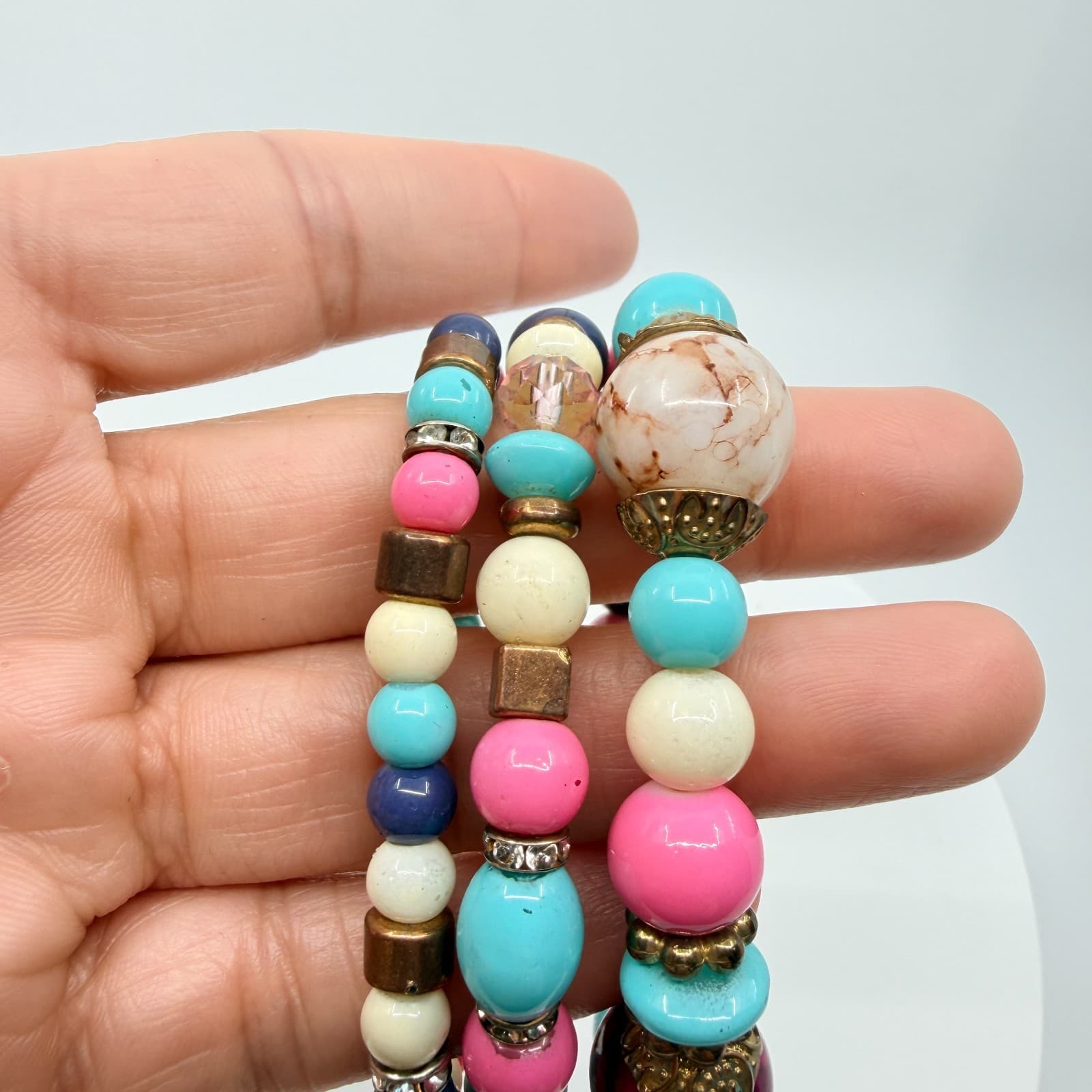 VTG Retro Bright Beaded Stack Bracelet Set Chunky Pink Blue Pop Art Stretch 3PC - Thumbnail 9