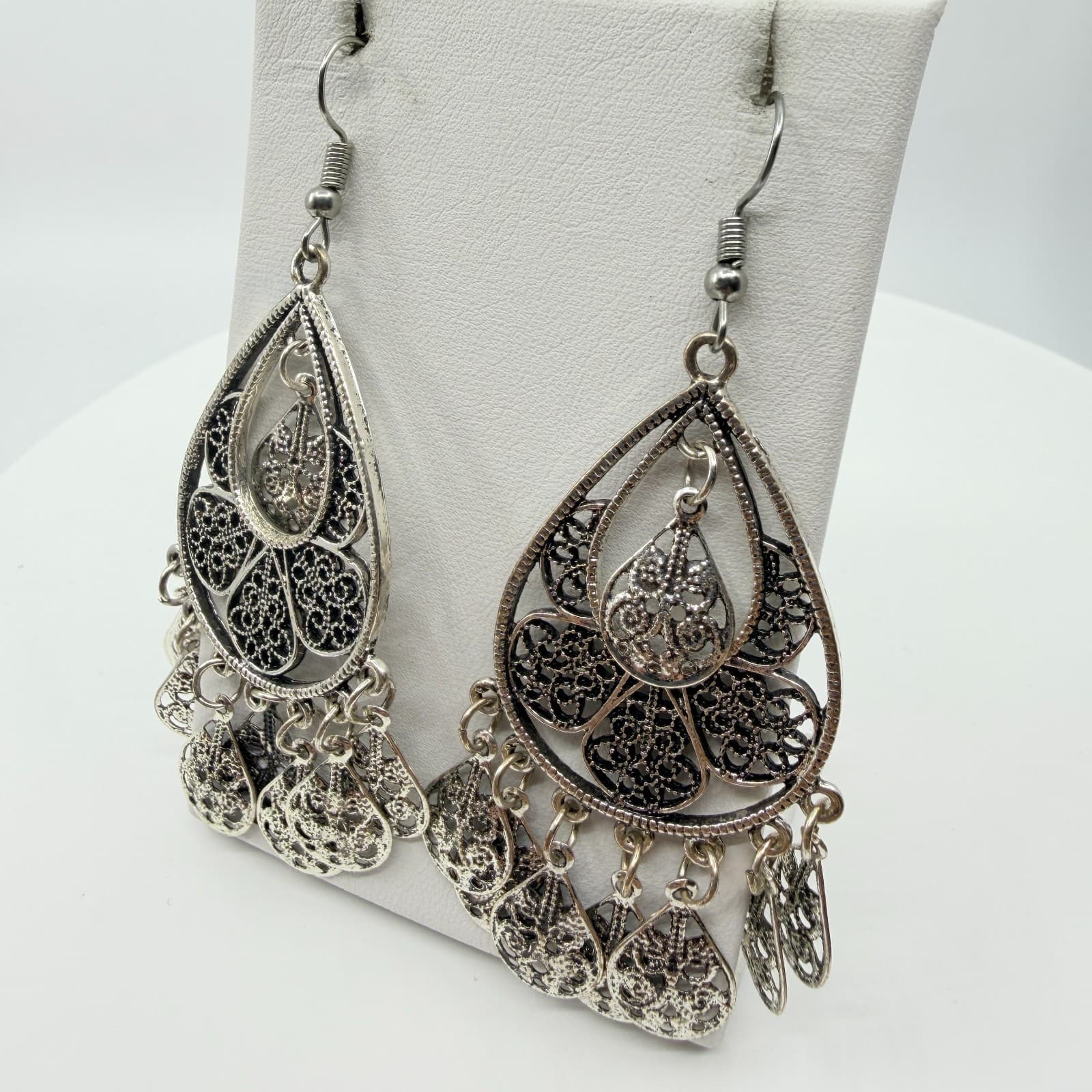 Vintage Boho Silver Tone Filigree Teardrop Chandelier Dangle Earrings Classic - Thumbnail 4