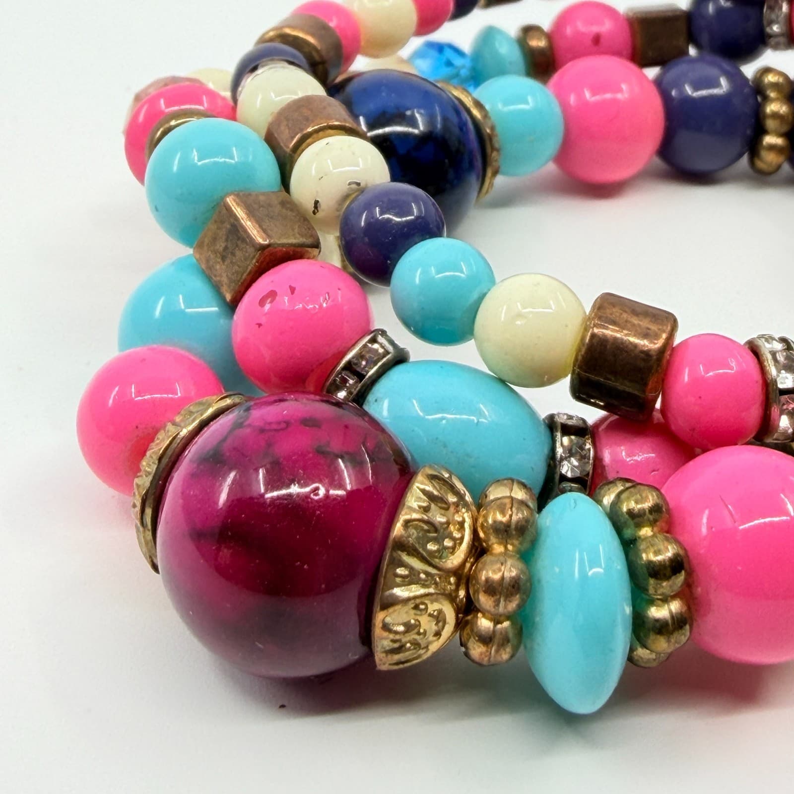 VTG Retro Bright Beaded Stack Bracelet Set Chunky Pink Blue Pop Art Stretch 3PC - Thumbnail 8