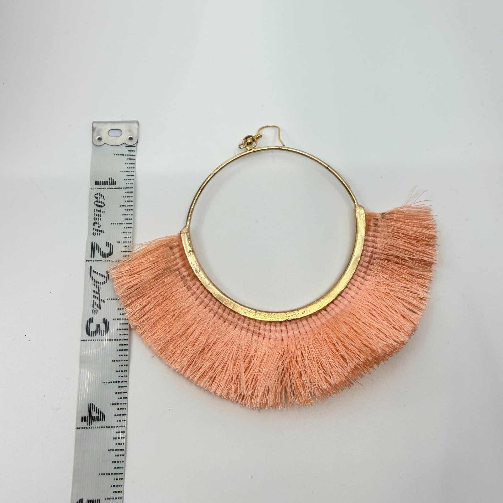 VTG Peach Coral Tassel Hoop Earrings Gold Tone Fringe Statement Big Over-Sized - Thumbnail 6