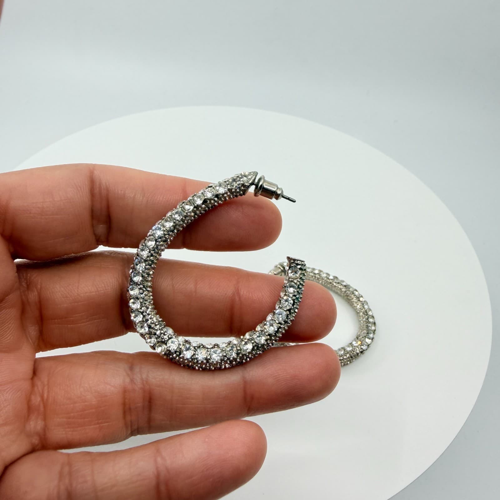 VTG Silver Tone Pave Rhinestone Hoop Earrings Thick Chunky Glitter Iced Out Glam - Thumbnail 6