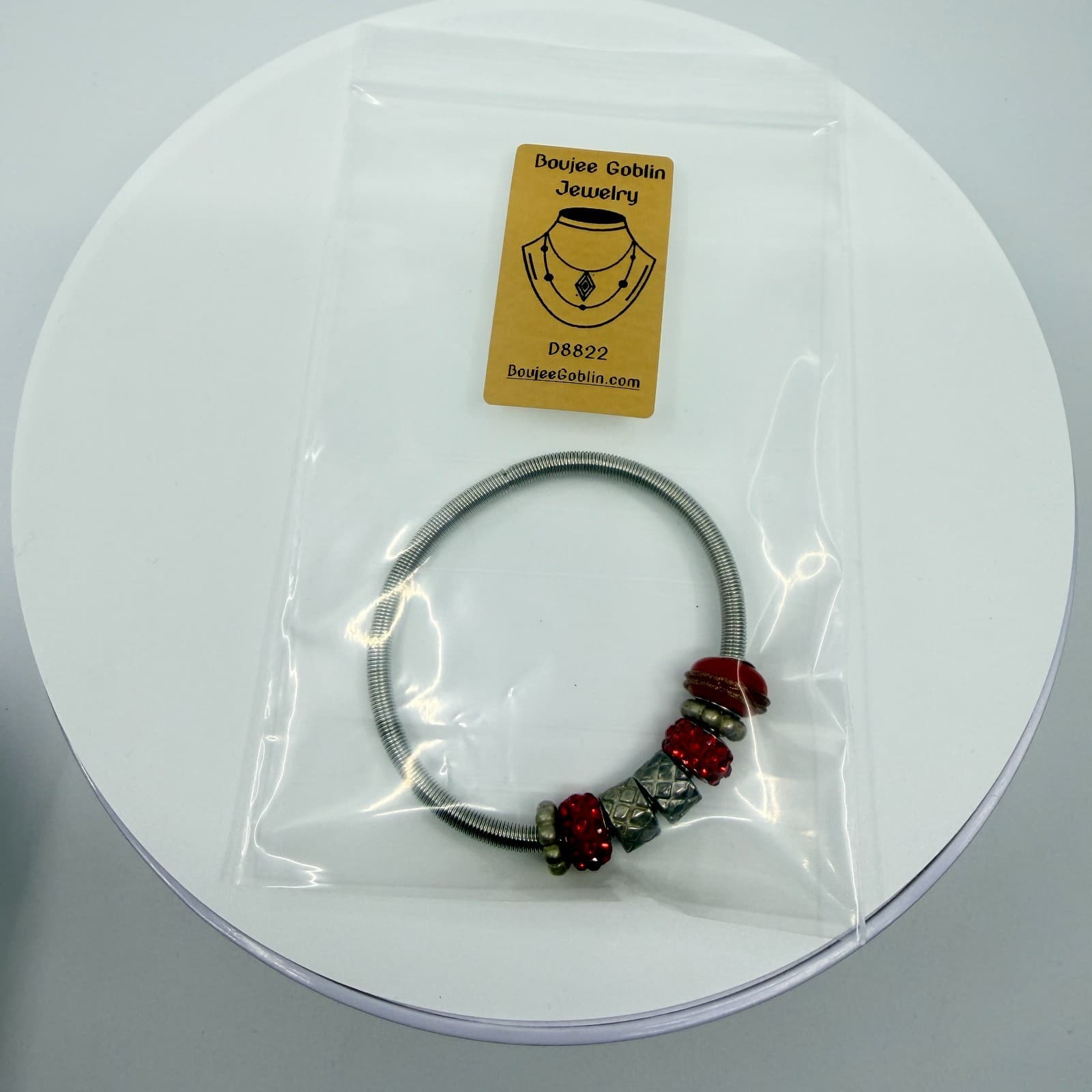 VTG Silver Tone Steel Red Glass European Charm Expandable Spring Coil Bracelet - Thumbnail 10