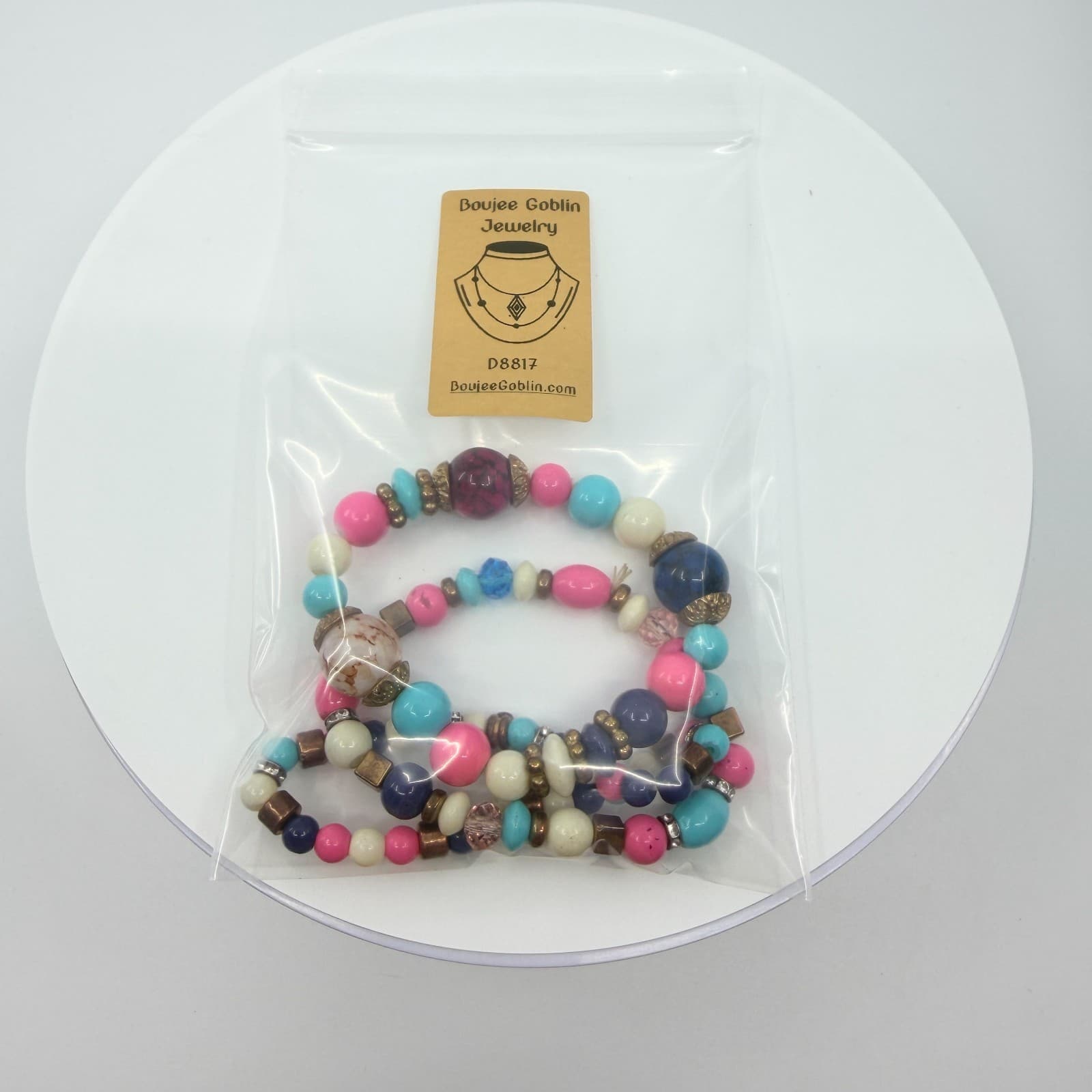 VTG Retro Bright Beaded Stack Bracelet Set Chunky Pink Blue Pop Art Stretch 3PC - Thumbnail 11