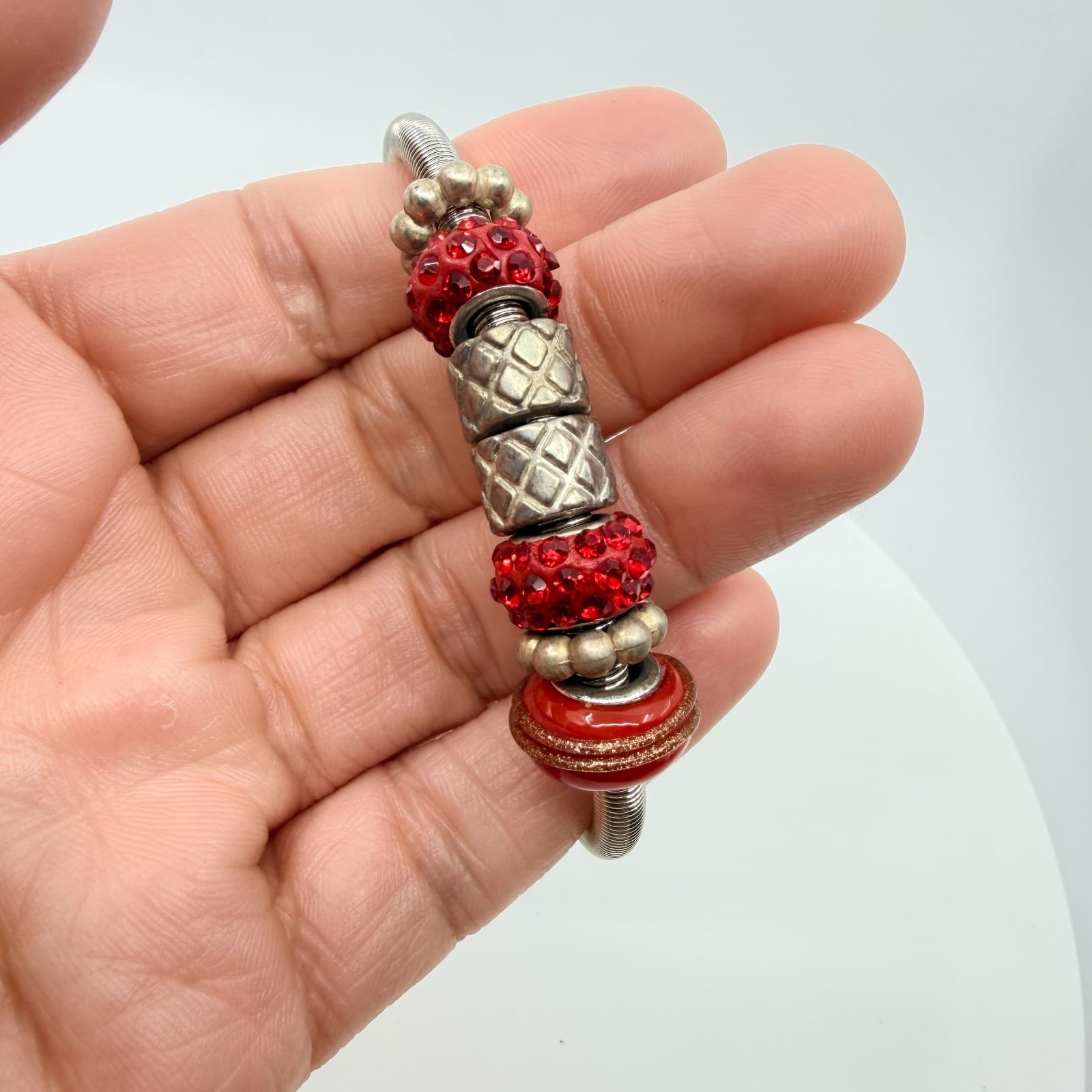 VTG Silver Tone Steel Red Glass European Charm Expandable Spring Coil Bracelet - Thumbnail 8