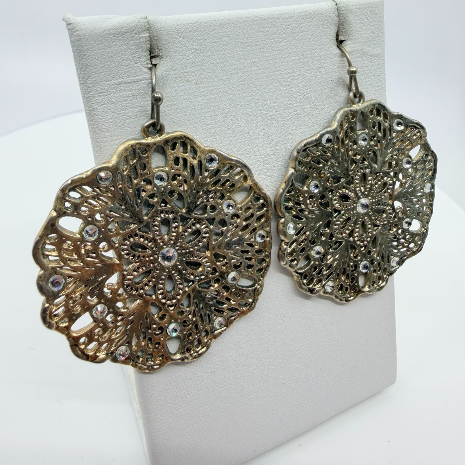 VTG Antique Gold Tone Filigree Mandala Earrings Rhinestone Statement Drop Dangle - Thumbnail 3