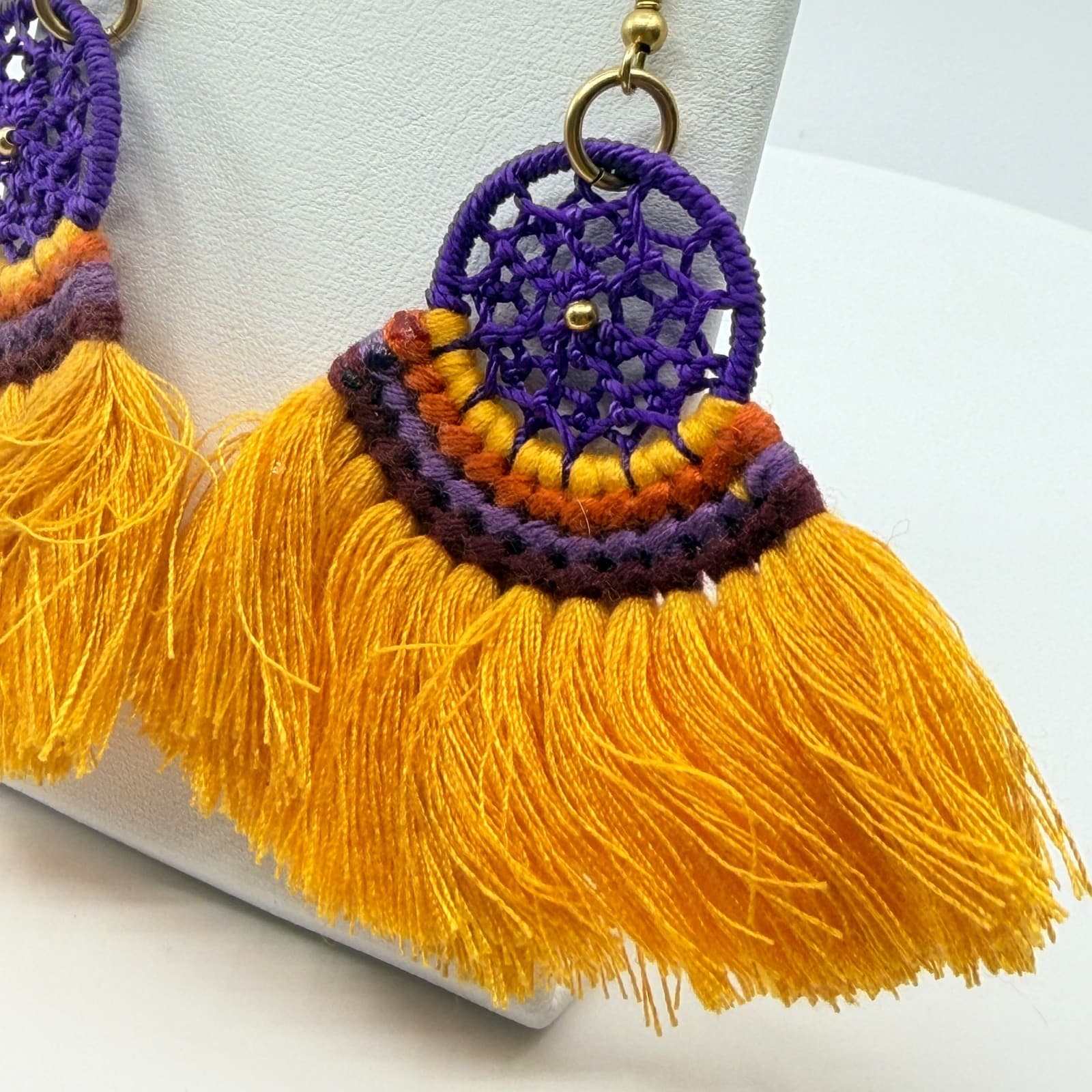 VTG Boho Yellow Purple Tassel Earrings Retro Dreamcatcher Chic Dangle Earrings - Thumbnail 4