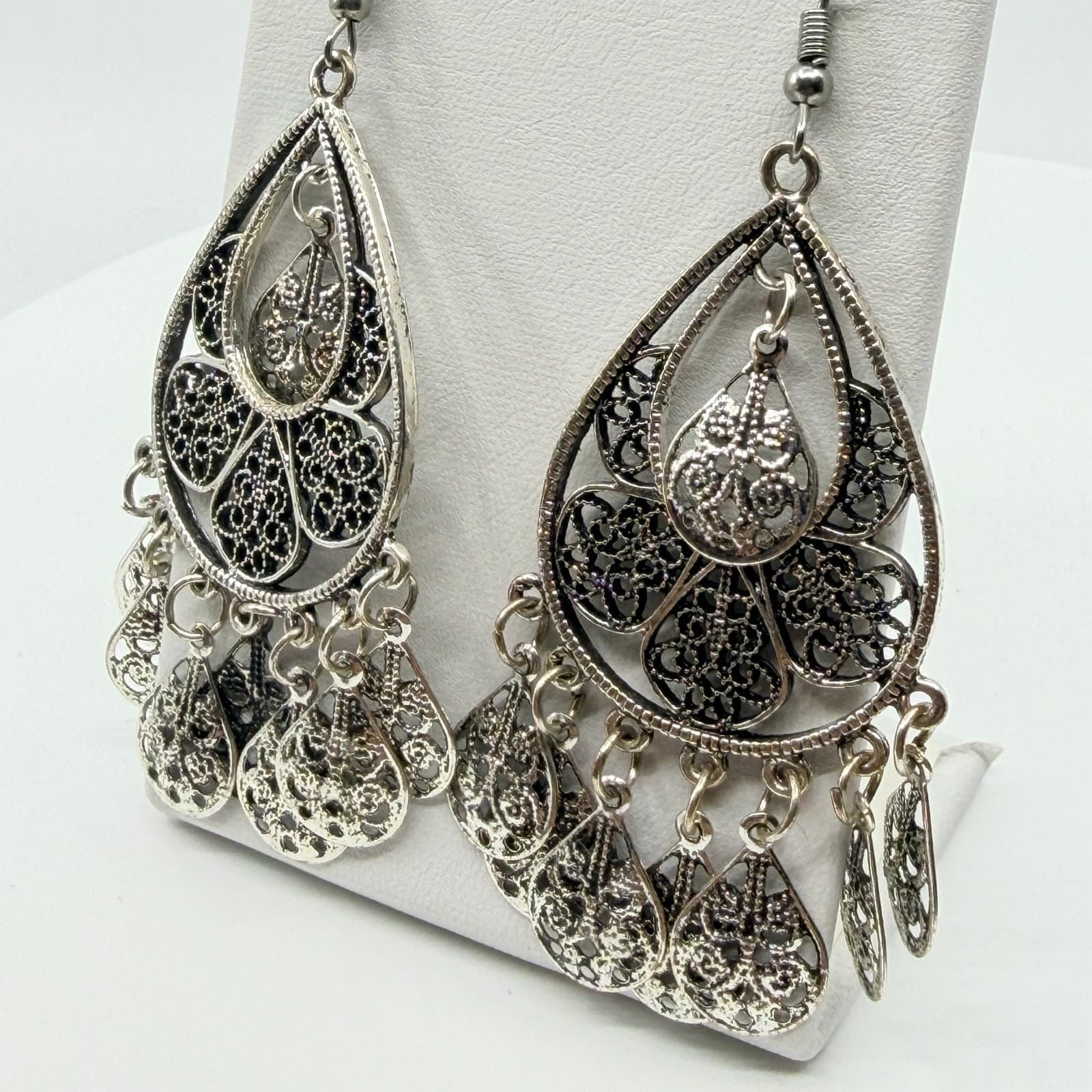 Vintage Boho Silver Tone Filigree Teardrop Chandelier Dangle Earrings Classic - Thumbnail 6