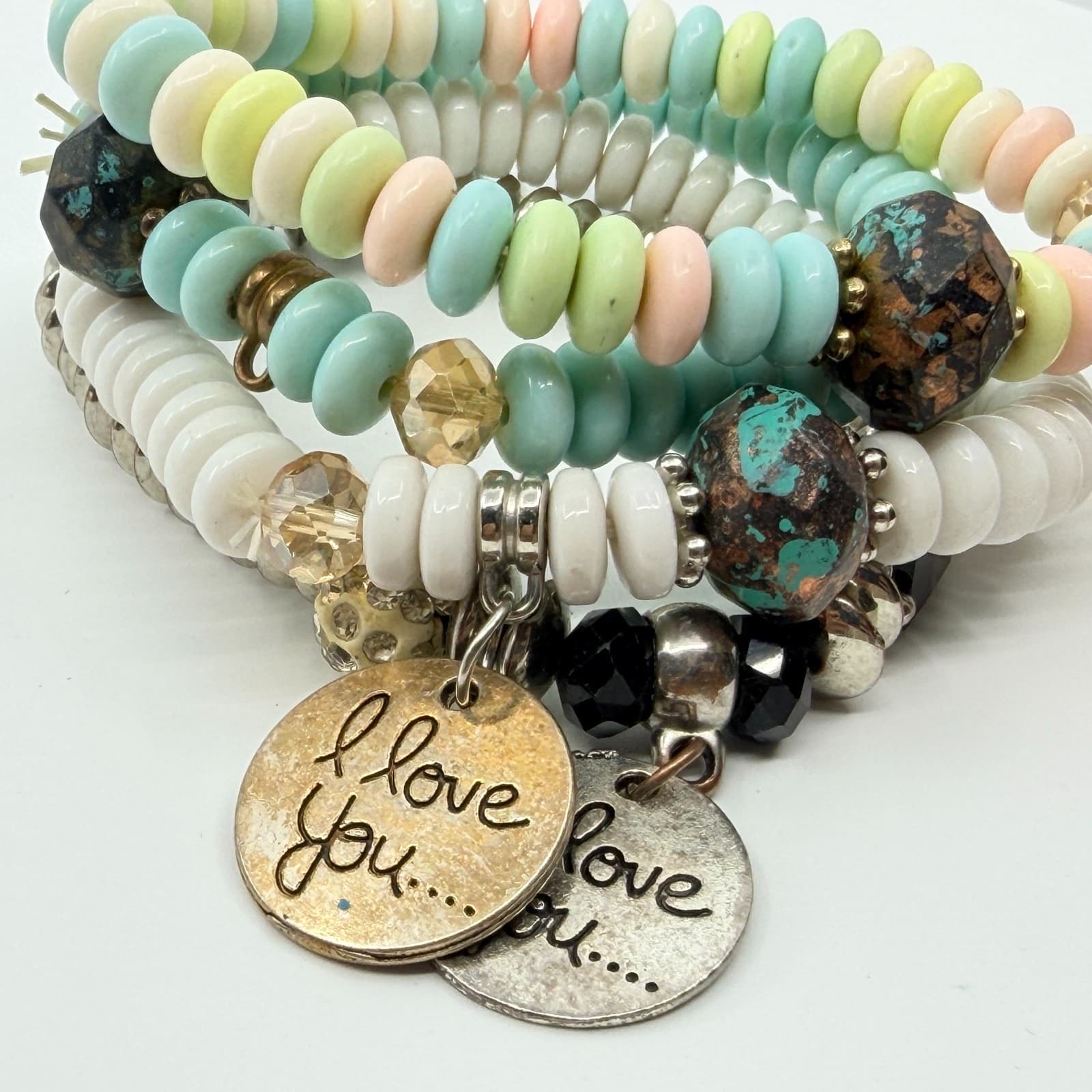 VTG Y2K Pastel Beaded 4 Pc Stack Bracelets I Love You Charms Boho Multi-Strand - Thumbnail 4