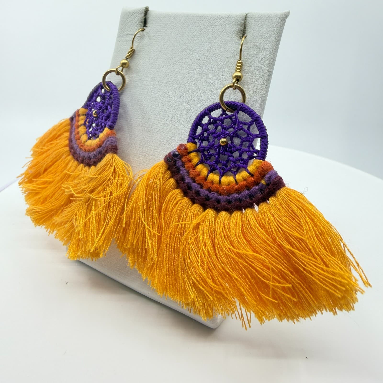 VTG Boho Yellow Purple Tassel Earrings Retro Dreamcatcher Chic Dangle Earrings - Thumbnail 3