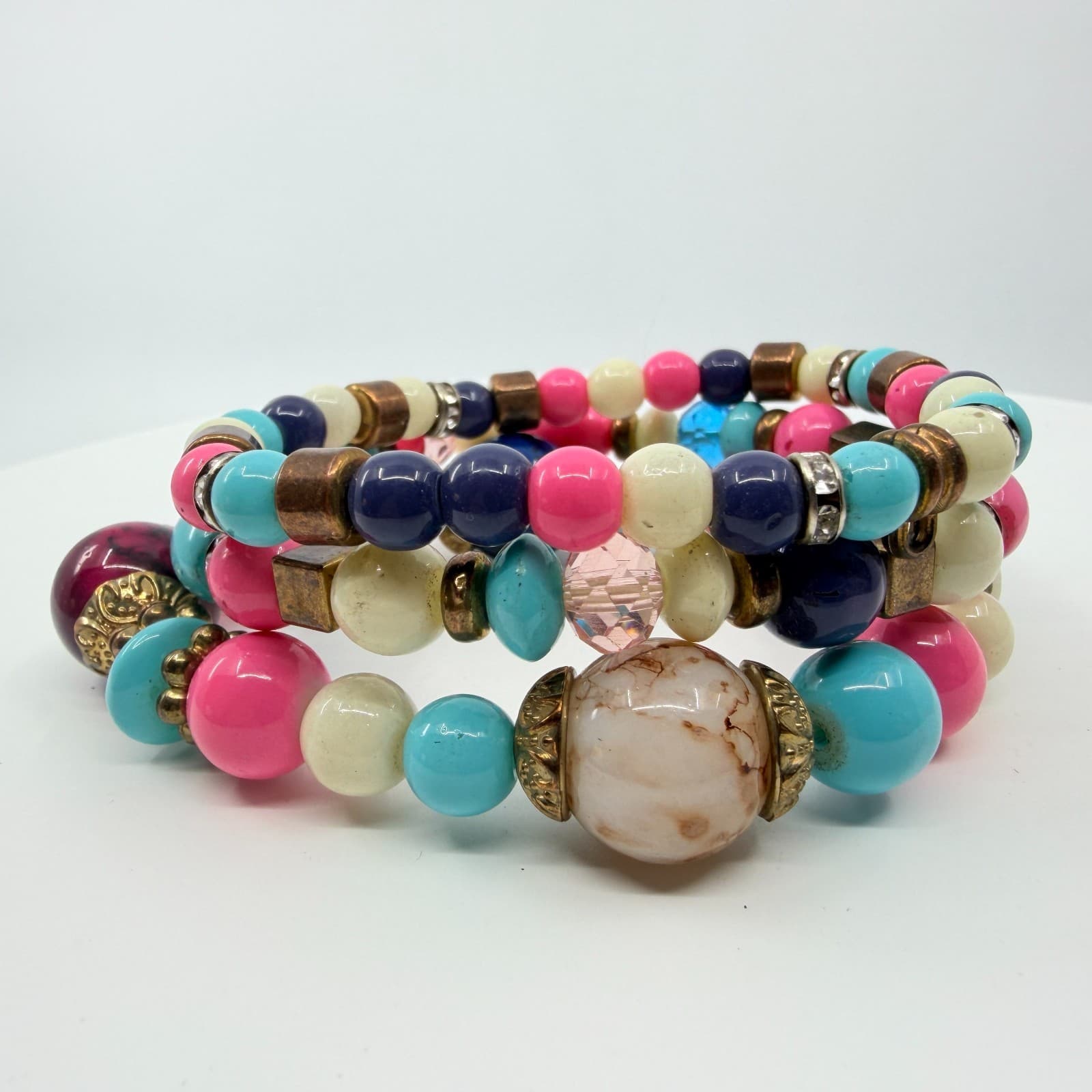 VTG Retro Bright Beaded Stack Bracelet Set Chunky Pink Blue Pop Art Stretch 3PC - Thumbnail 4