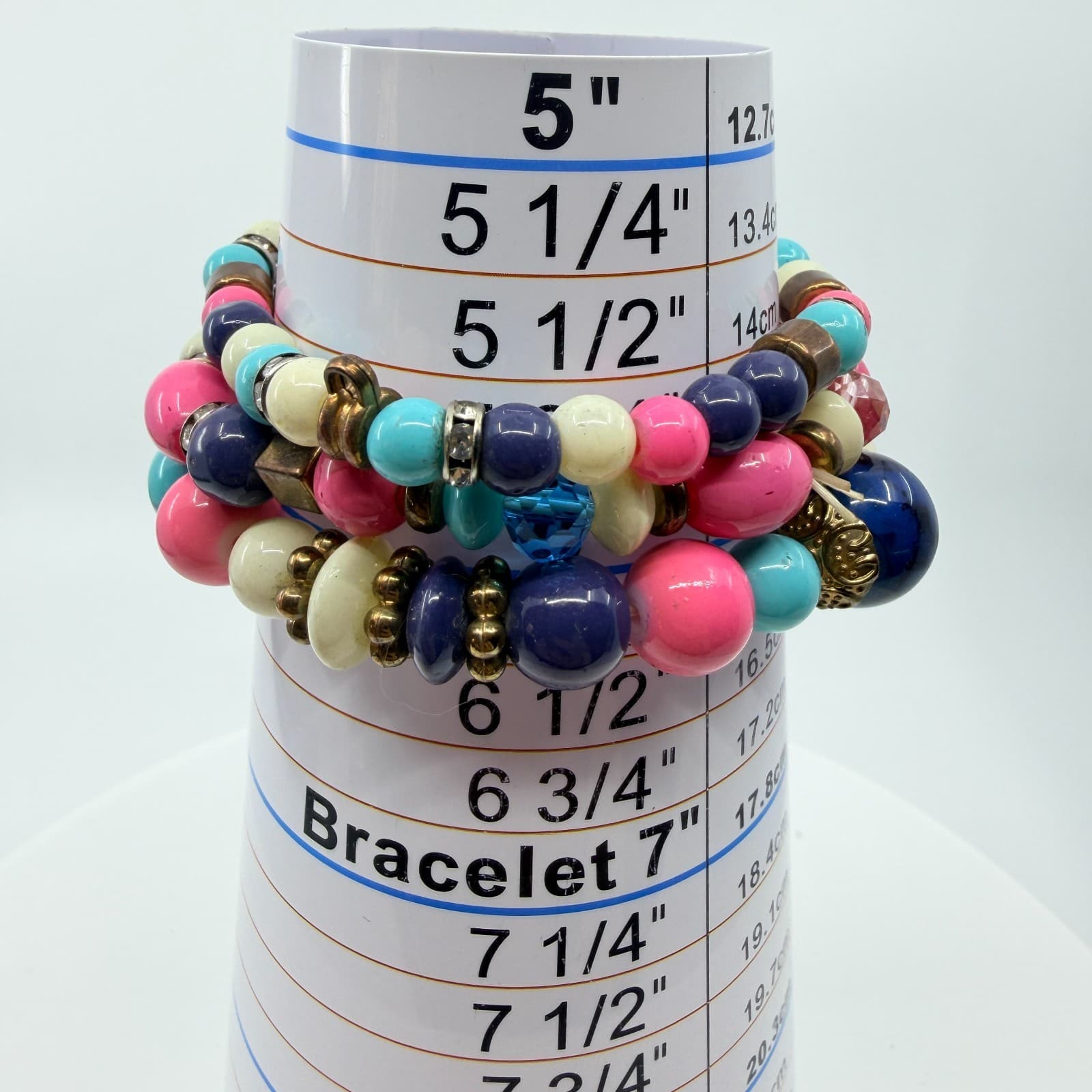 VTG Retro Bright Beaded Stack Bracelet Set Chunky Pink Blue Pop Art Stretch 3PC - Thumbnail 10