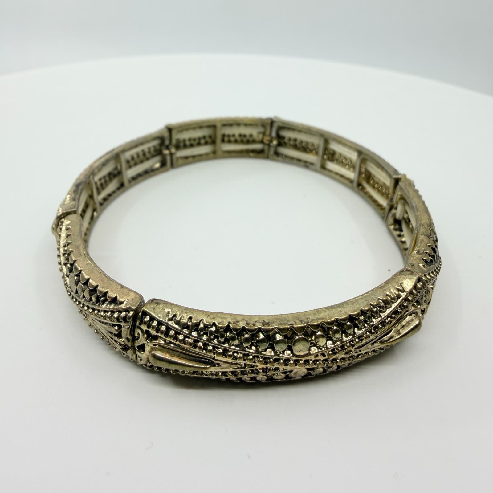 Vintage Antique Gold Tone Textured Segmented Stretch Bangle Cuff Bracelet Retro - Thumbnail 2