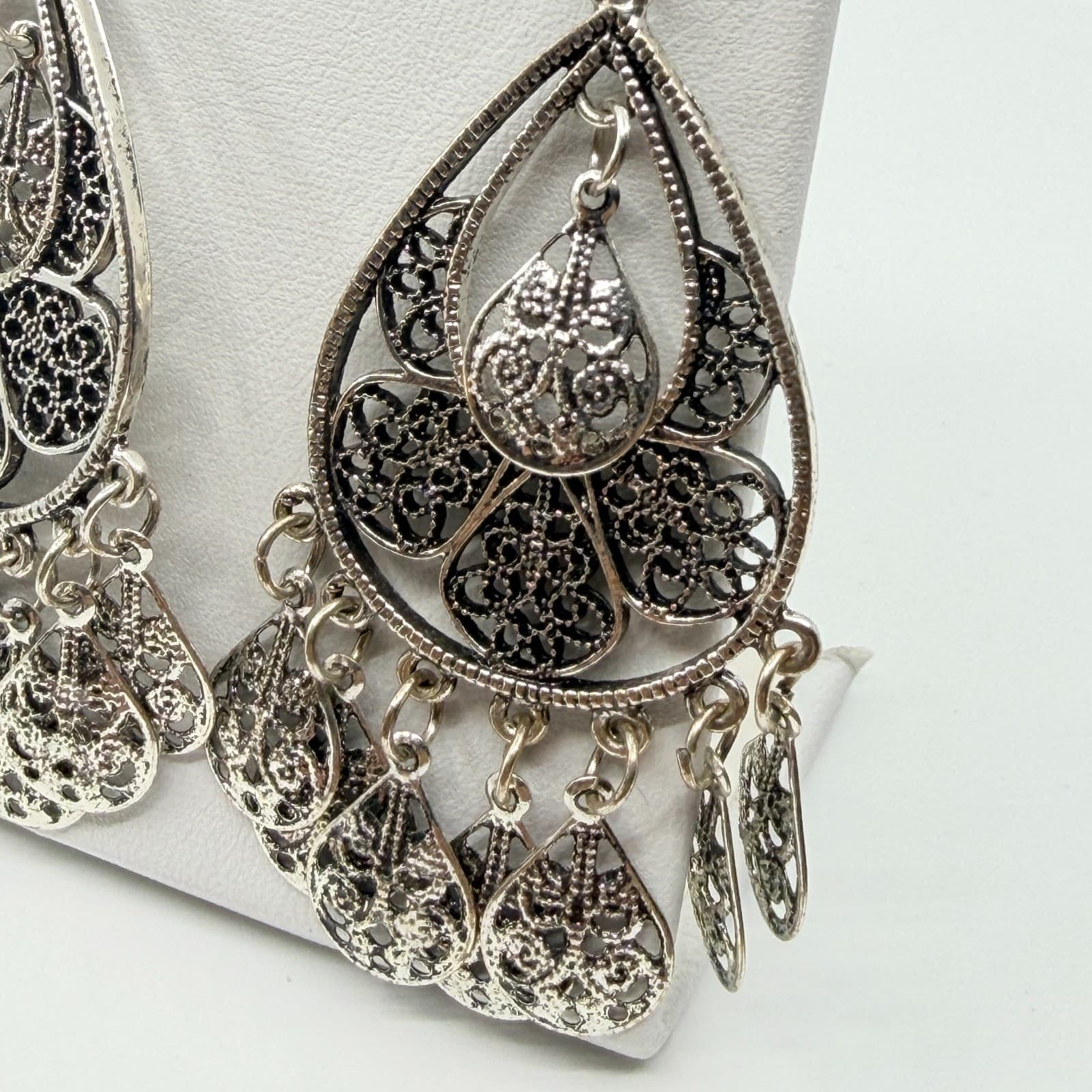 Vintage Boho Silver Tone Filigree Teardrop Chandelier Dangle Earrings Classic - Thumbnail 5