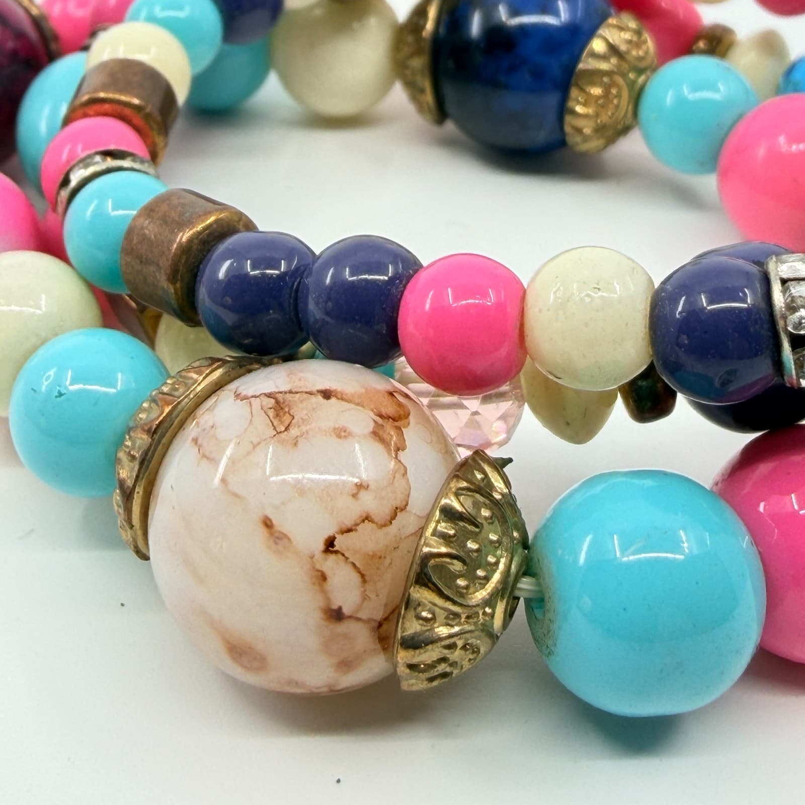 VTG Retro Bright Beaded Stack Bracelet Set Chunky Pink Blue Pop Art Stretch 3PC - Thumbnail 7