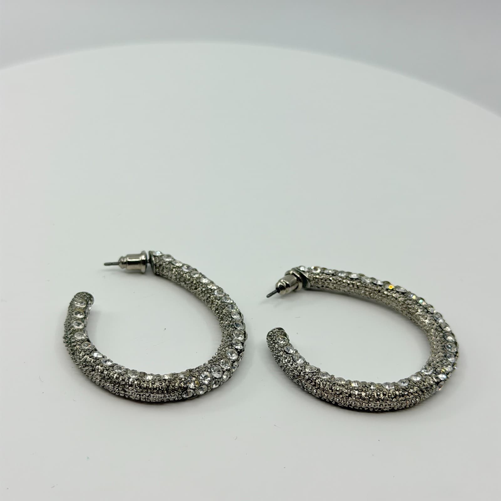 VTG Silver Tone Pave Rhinestone Hoop Earrings Thick Chunky Glitter Iced Out Glam - Thumbnail 5