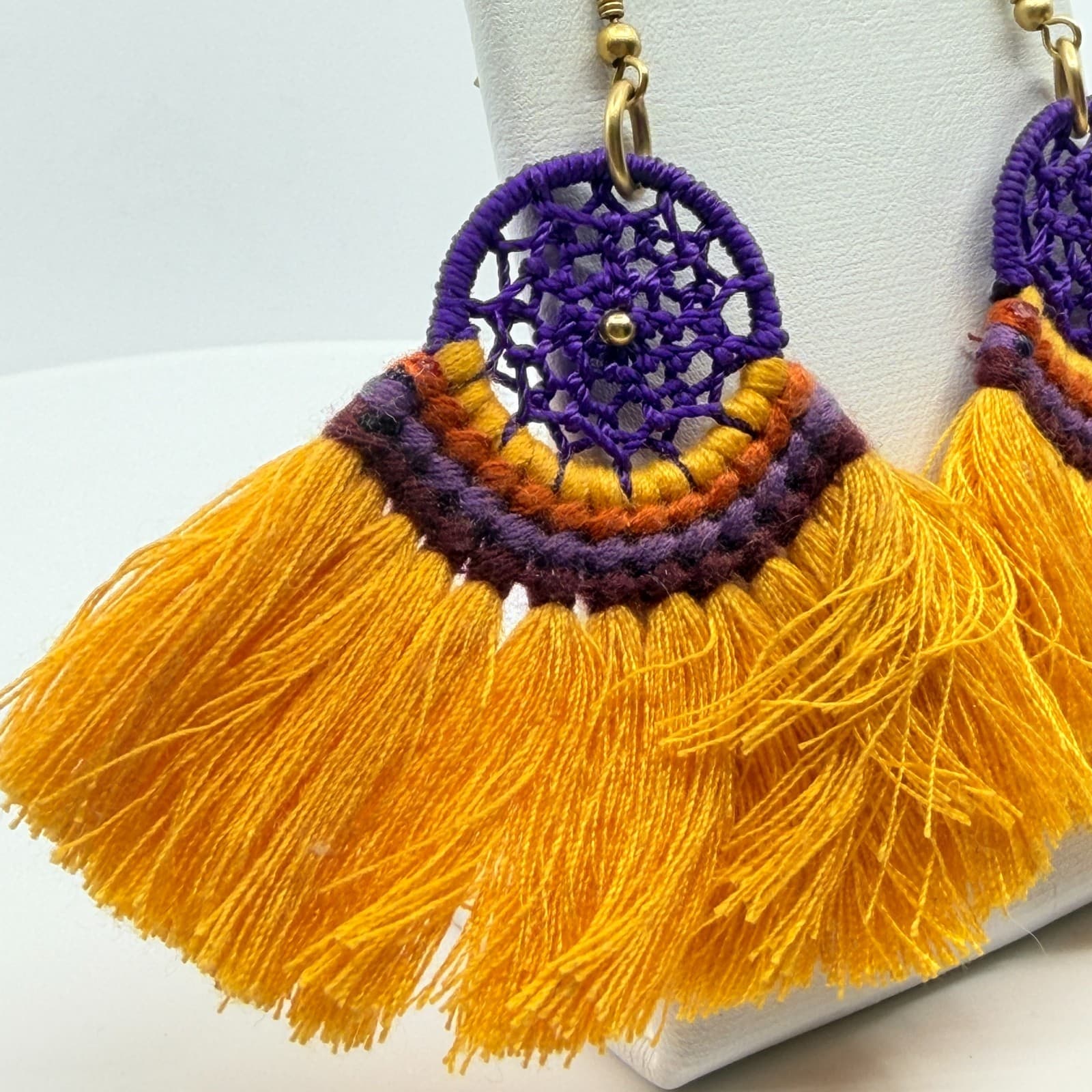 VTG Boho Yellow Purple Tassel Earrings Retro Dreamcatcher Chic Dangle Earrings - Thumbnail 6