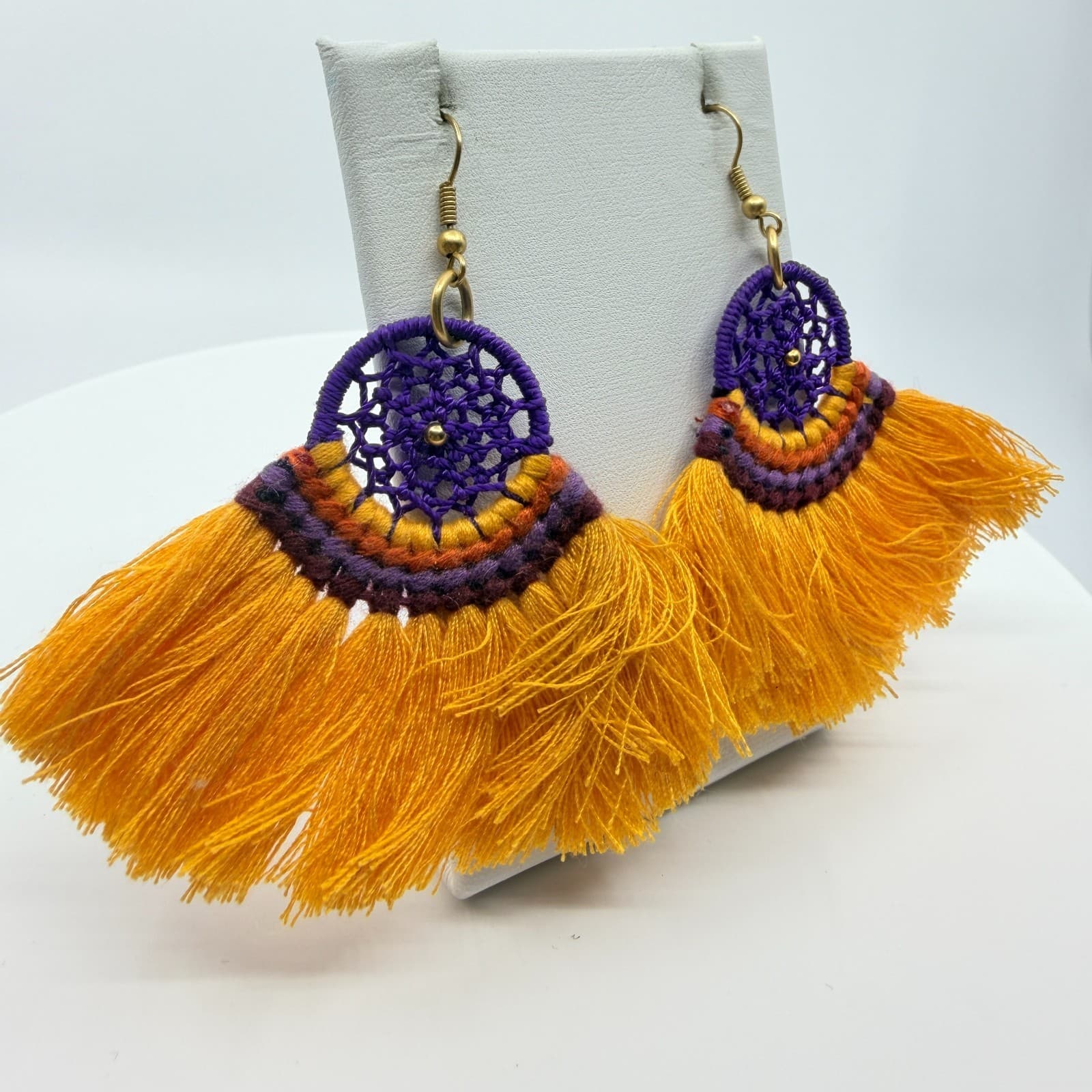VTG Boho Yellow Purple Tassel Earrings Retro Dreamcatcher Chic Dangle Earrings - Thumbnail 2