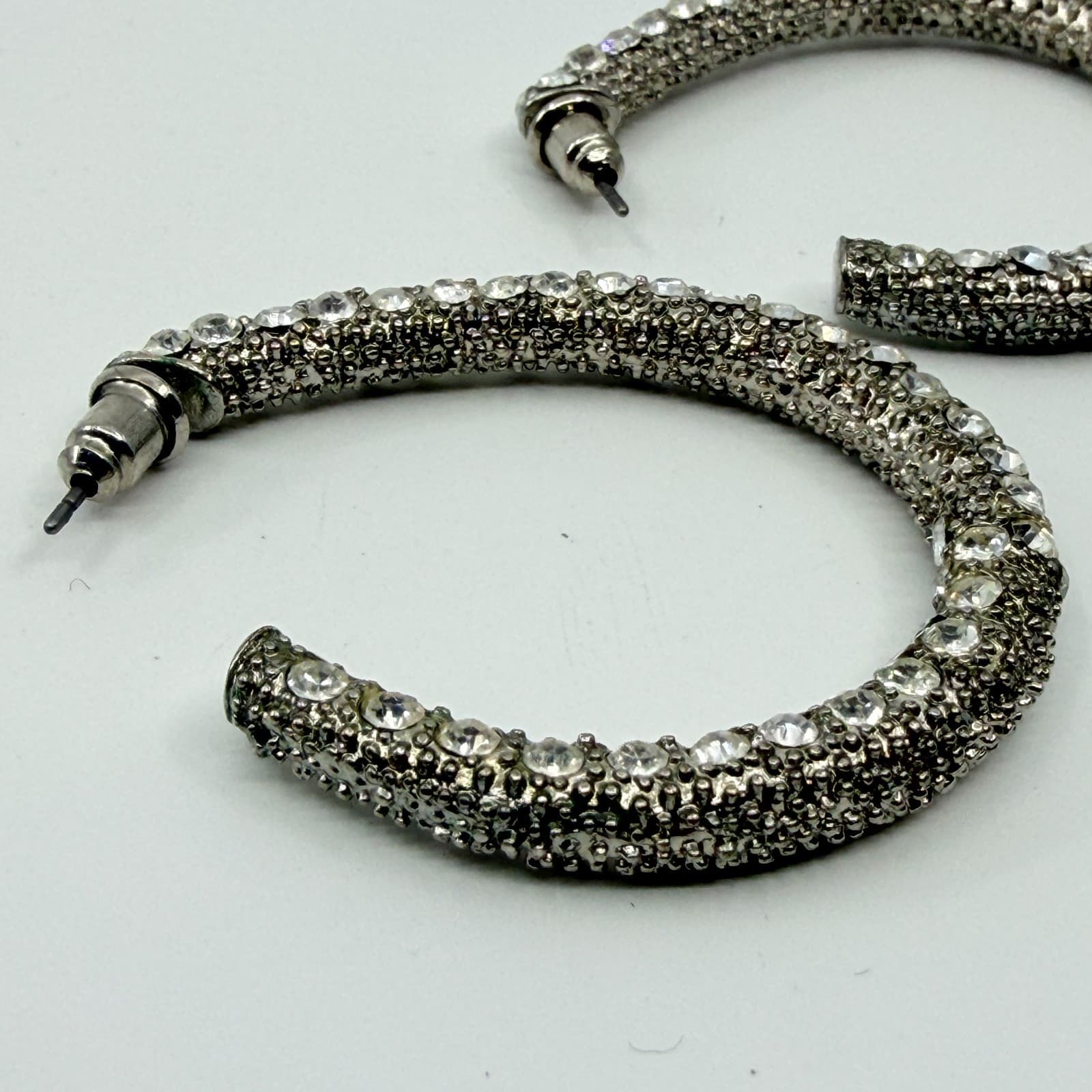 VTG Silver Tone Pave Rhinestone Hoop Earrings Thick Chunky Glitter Iced Out Glam - Thumbnail 4