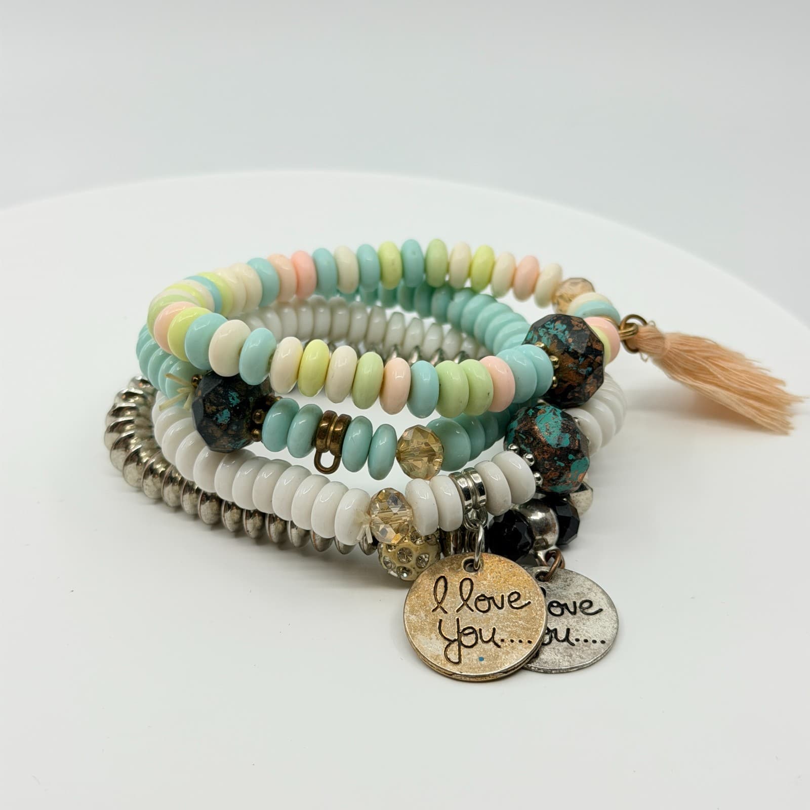 VTG Y2K Pastel Beaded 4 Pc Stack Bracelets I Love You Charms Boho Multi-Strand - Thumbnail 6