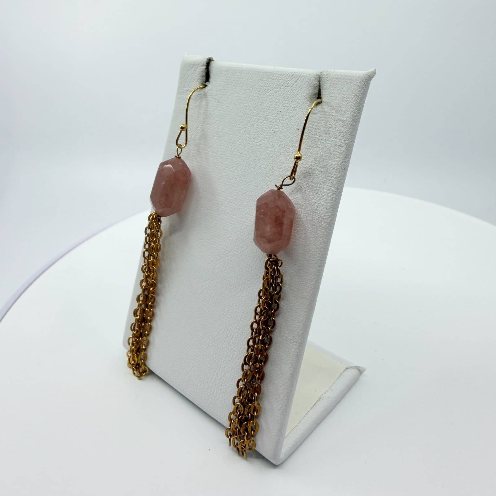 Vintage Gold Tone Pink Strawberry Quartz Faceted Bead Multi Chain Tassel Earring - Thumbnail 4