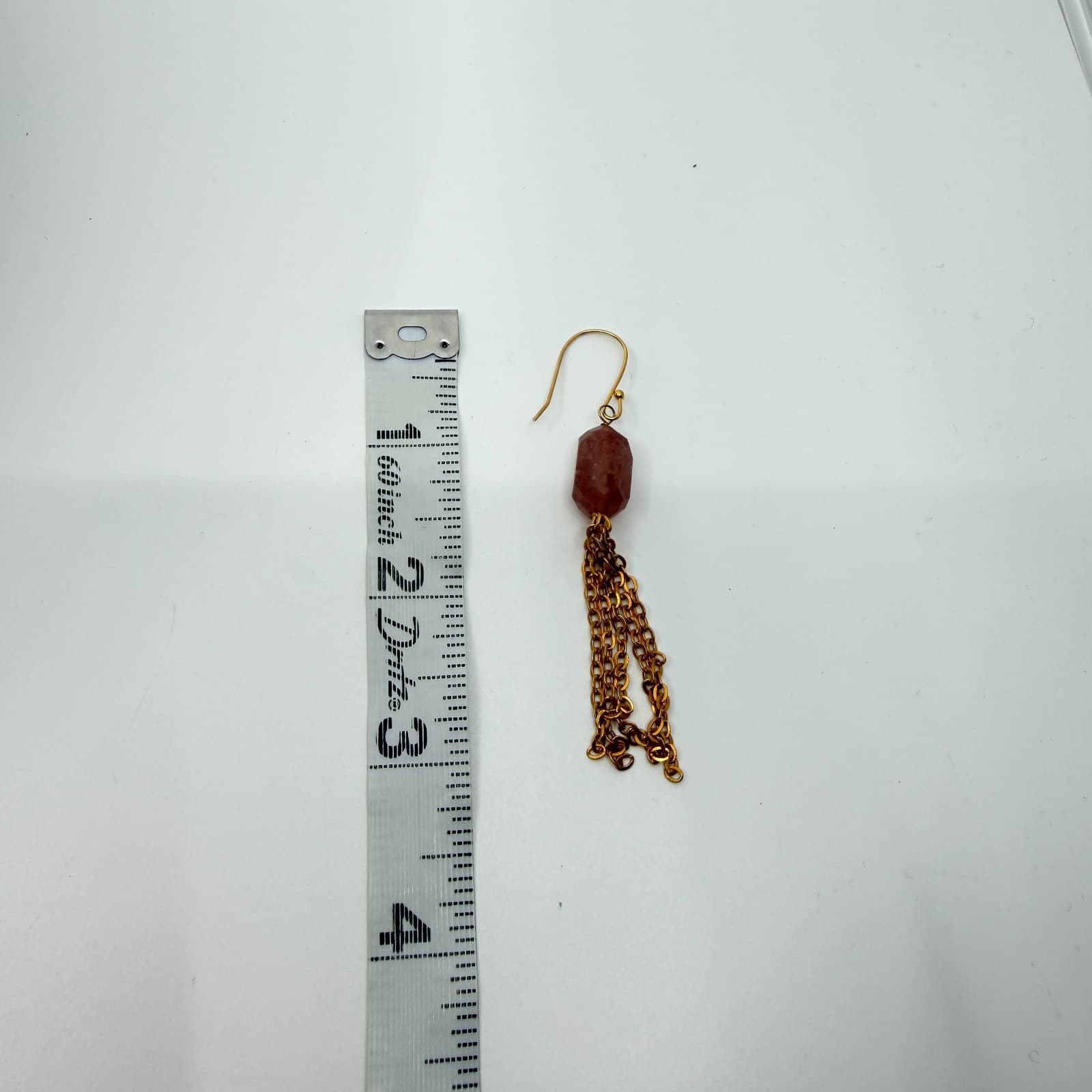 Vintage Gold Tone Pink Strawberry Quartz Faceted Bead Multi Chain Tassel Earring - Thumbnail 7