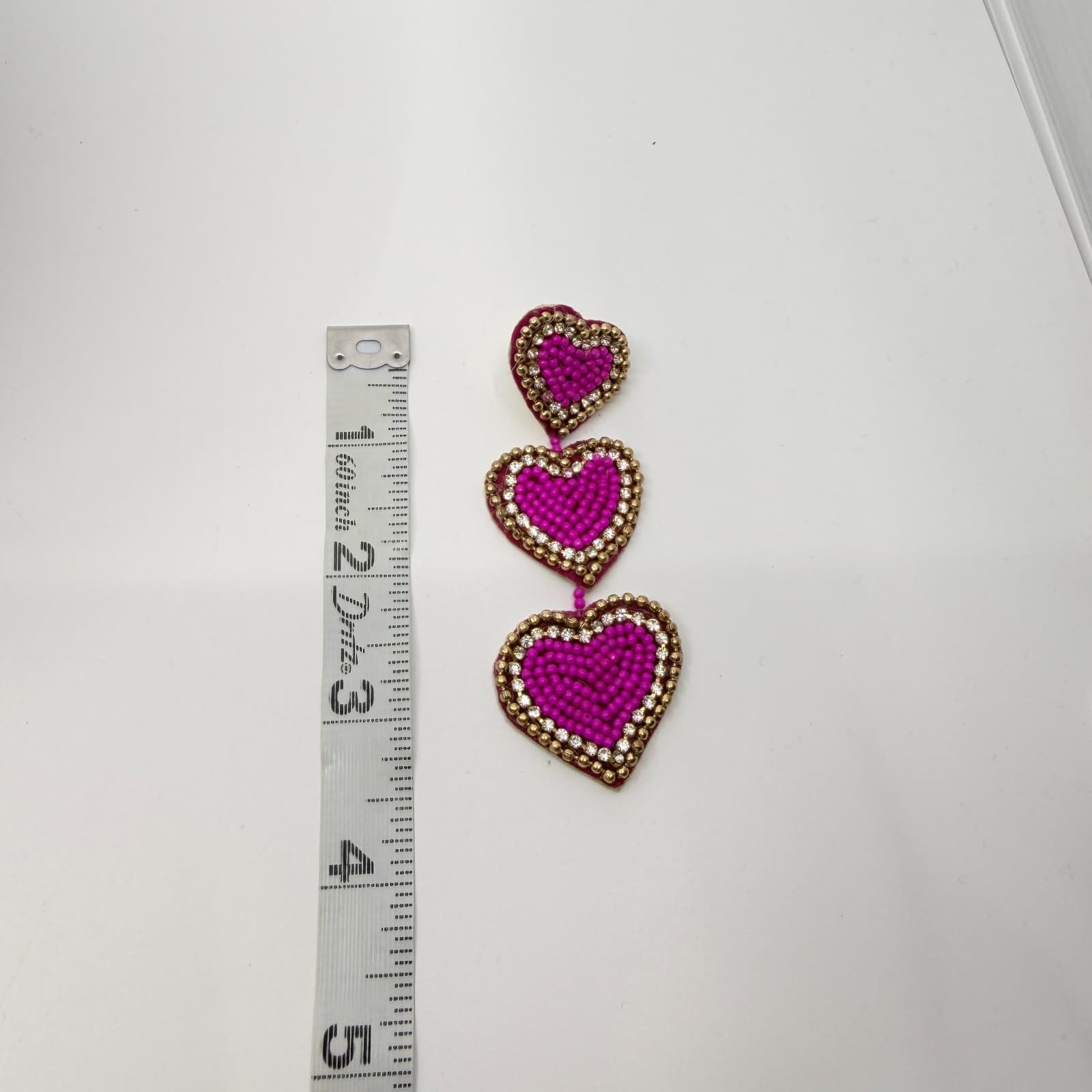 Vintage Y2K Hot Pink Beaded Heart Dangle Earrings Statement Gold Tone Rhinestone - Thumbnail 7