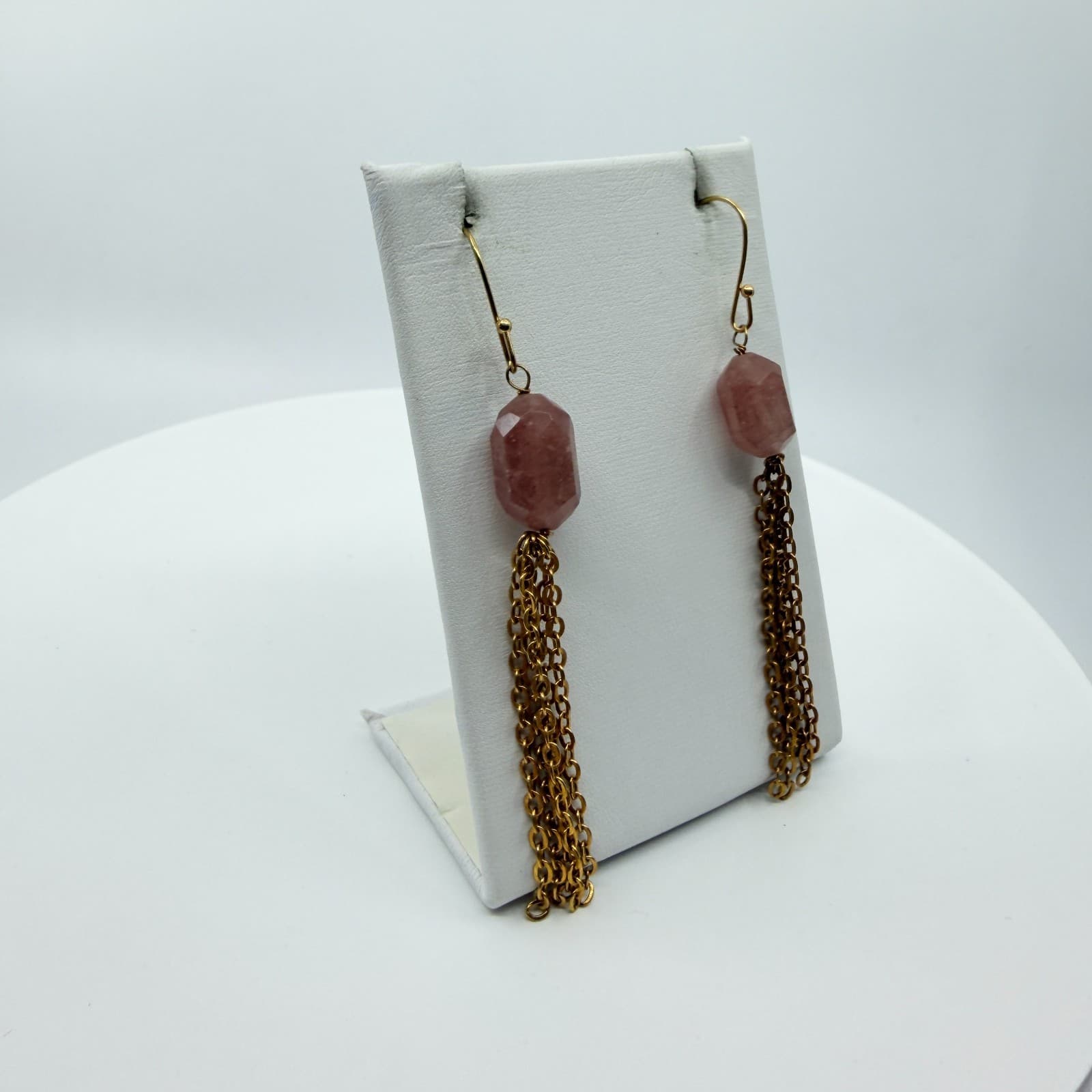 Vintage Gold Tone Pink Strawberry Quartz Faceted Bead Multi Chain Tassel Earring - Thumbnail 3