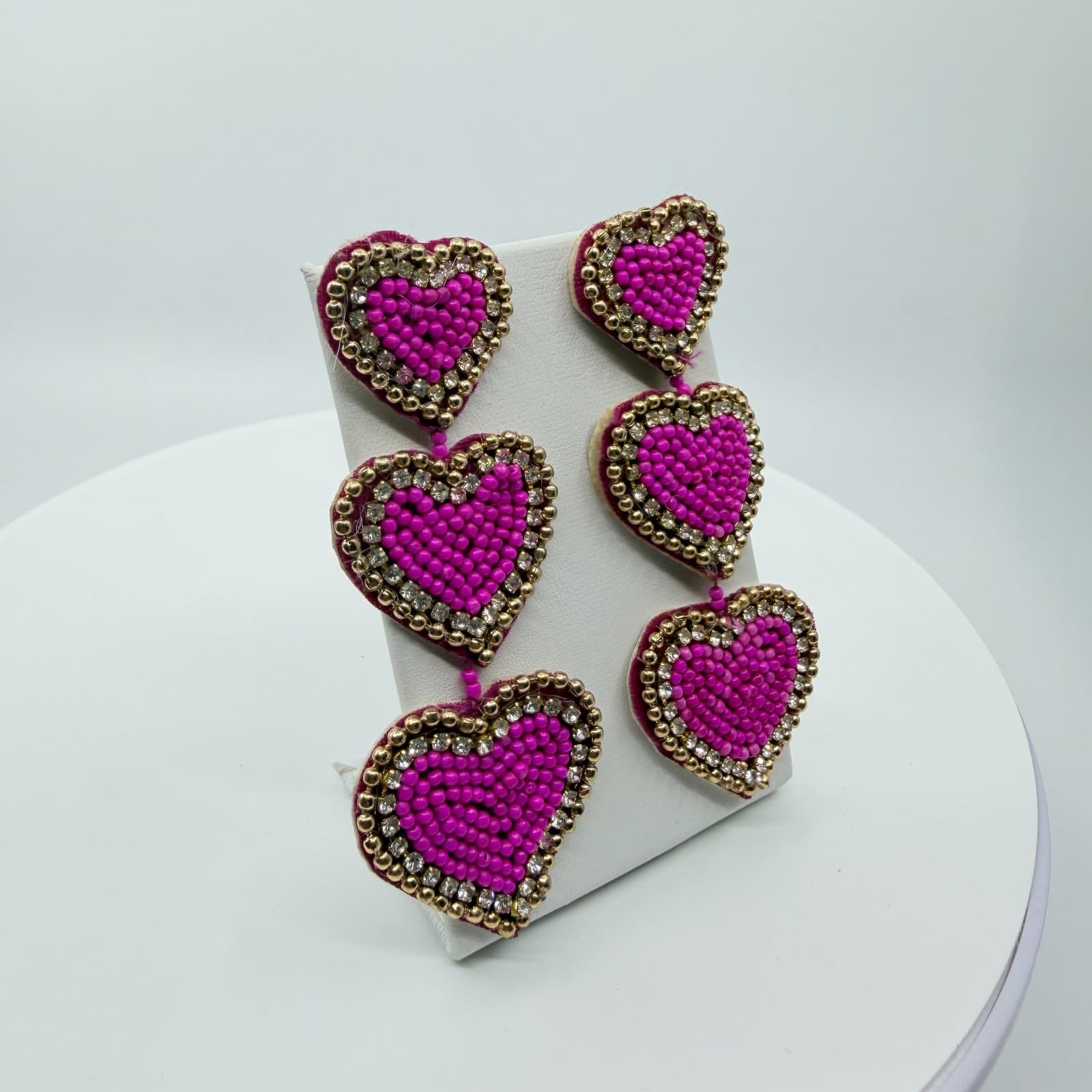 Vintage Y2K Hot Pink Beaded Heart Dangle Earrings Statement Gold Tone Rhinestone - Thumbnail 3
