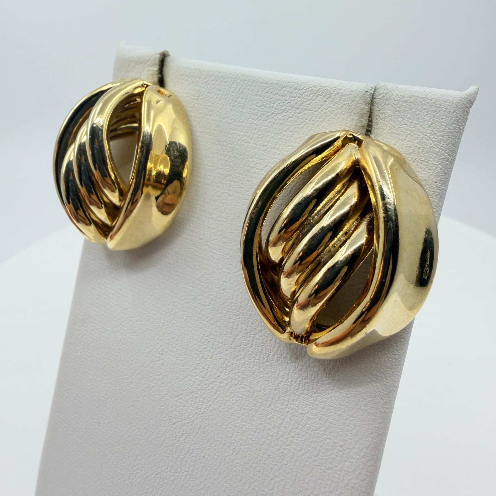 Vintage Retro Gold Tone Chunky Twisted Ribbon Swirl Oval Statement Post Earrings - Thumbnail 4
